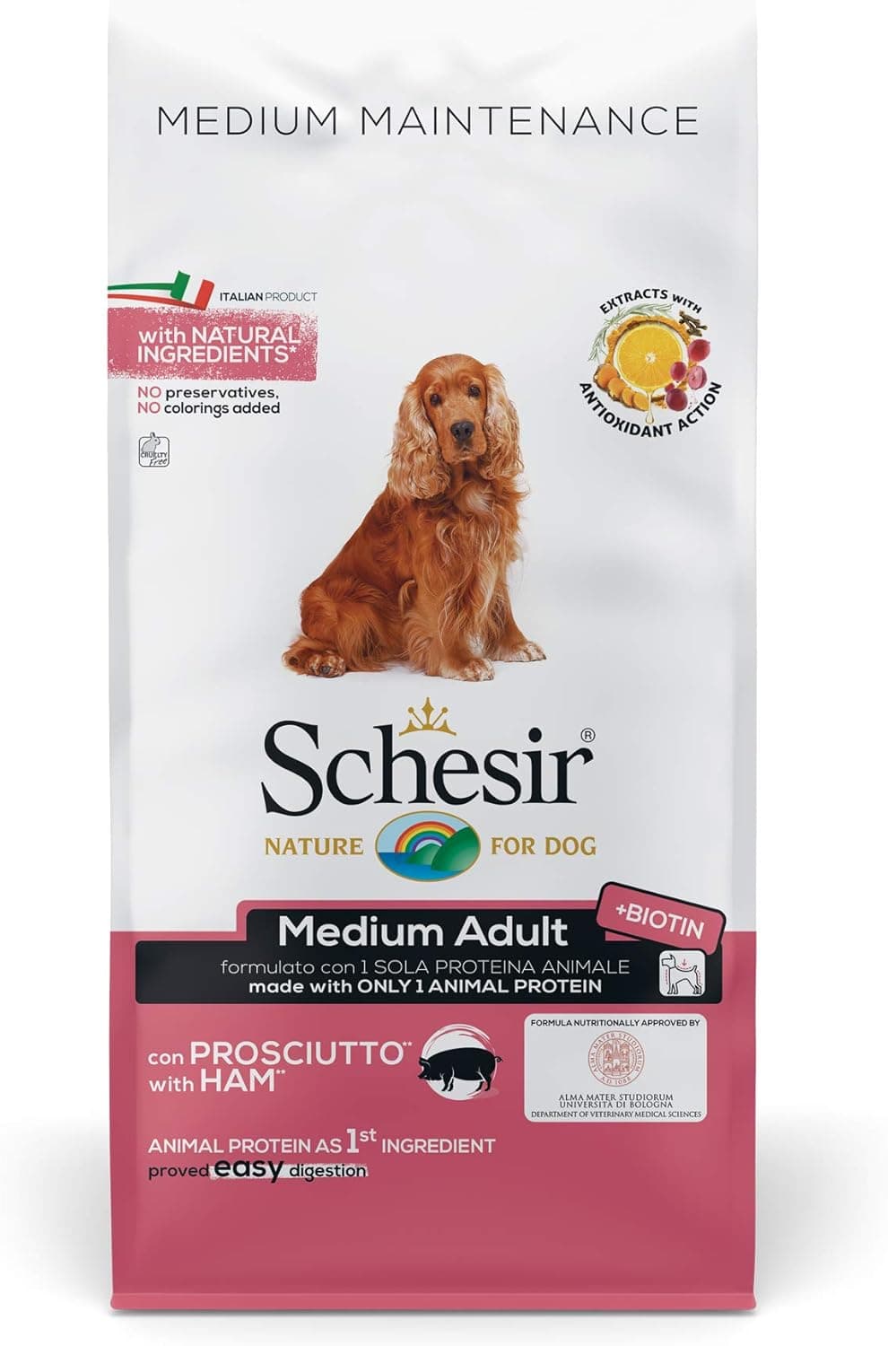 Schesir, pienso para Perros adultos de tamaño mediano, sabor jamón, línea mantenimiento, croquetas - formato bolsa de 12 kg