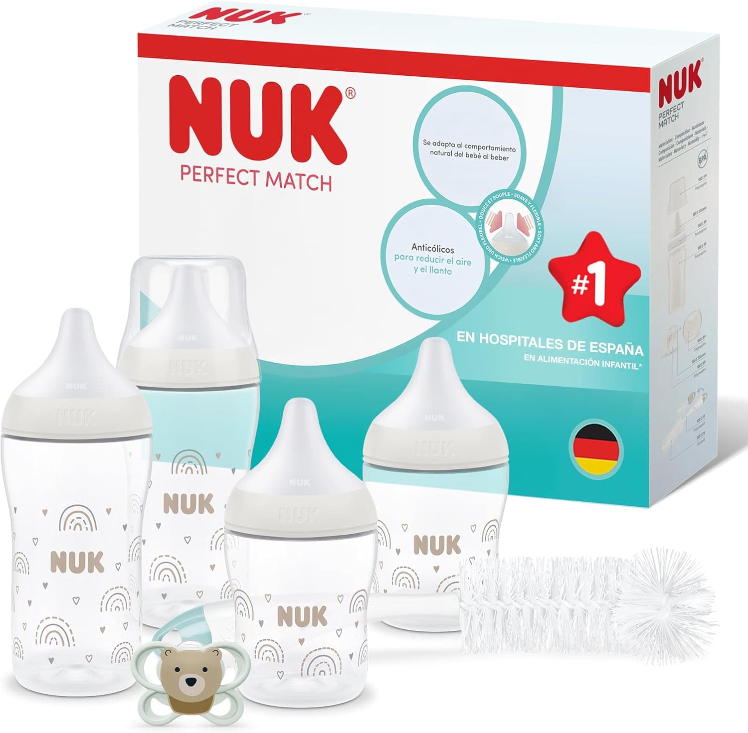 NUK Perfect Match Perfect Start Set de Biberones para Recién Nacidos | 0-6 Meses | 4 Biberones Anticólicos (150 ml, 260 ml), 1 Chupete Air, 1 Cepillo para Biberones | Arcoíris | 6 Piezas