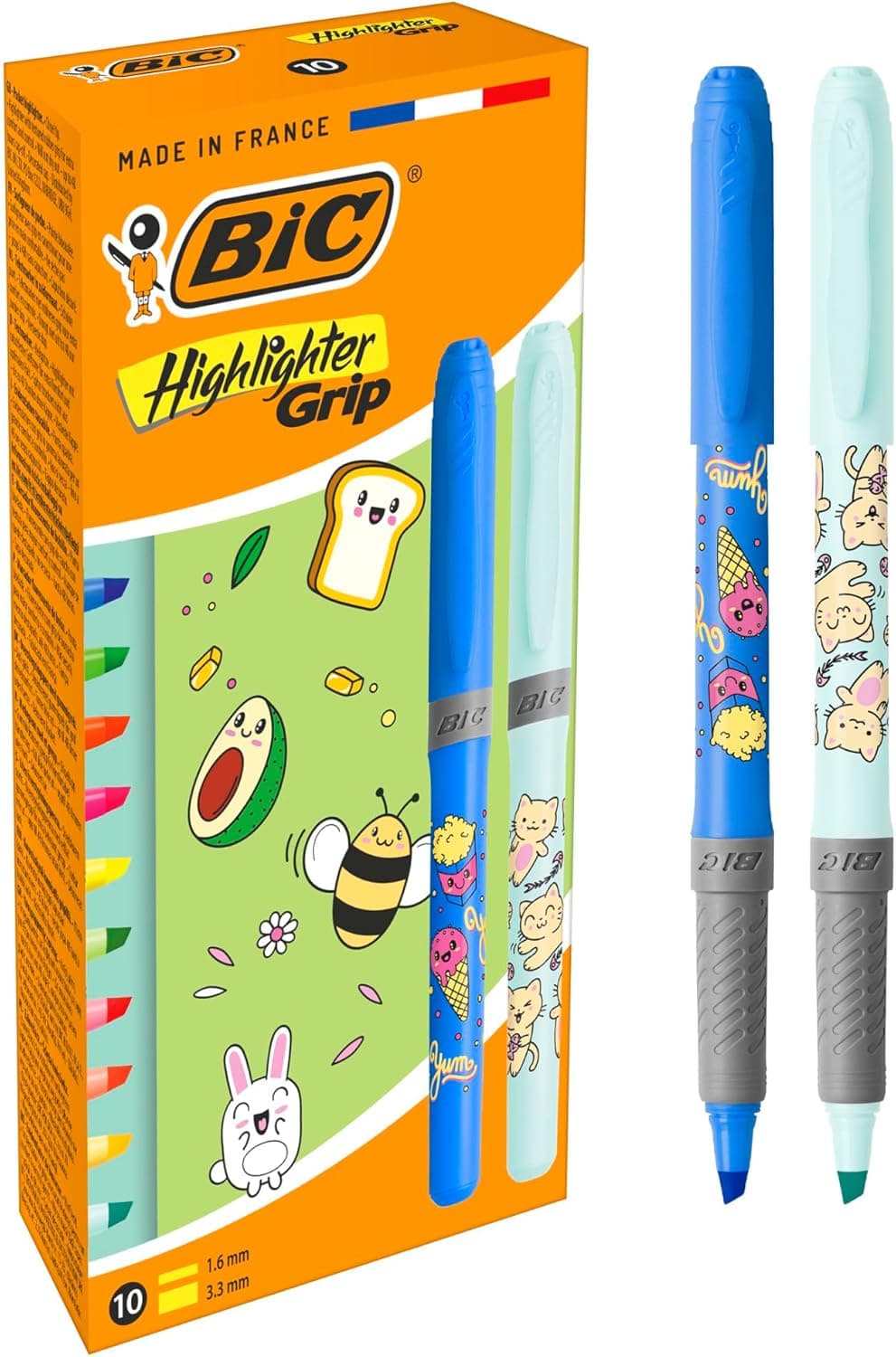 BIC Highlighter Grip Decors Serie Kawaii Bolígrafo de Punta Biselada - Colores Neón Surtidos, Pack de 10