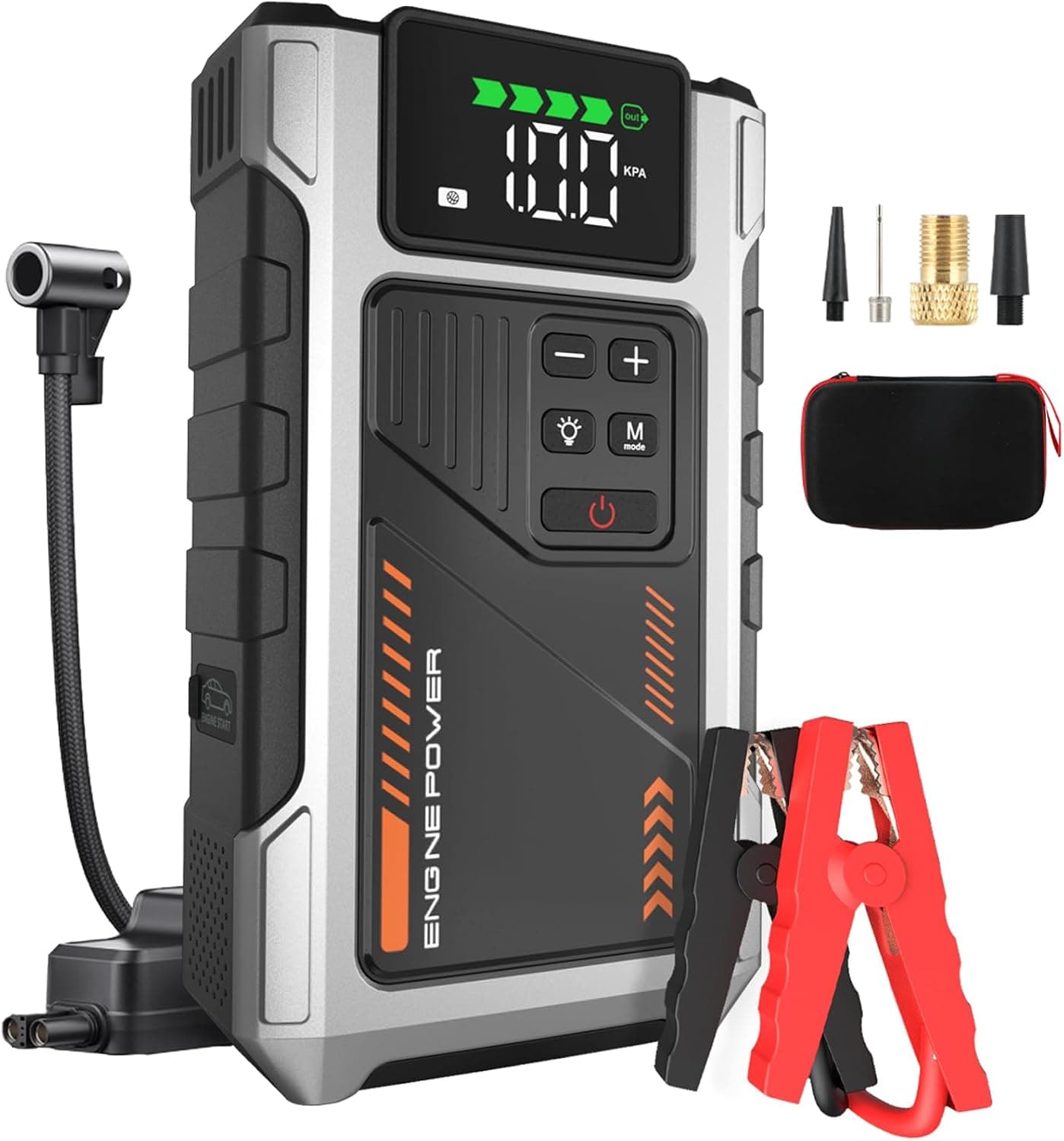 Arrancador de Baterias de Coche con Compresor de 150 PSI, 6000A Arrancador de Coche(para 9.0L Gasolina o 7.5L Diesel), Booster Bateria 12V con Pantalla LCD, Linterna LED