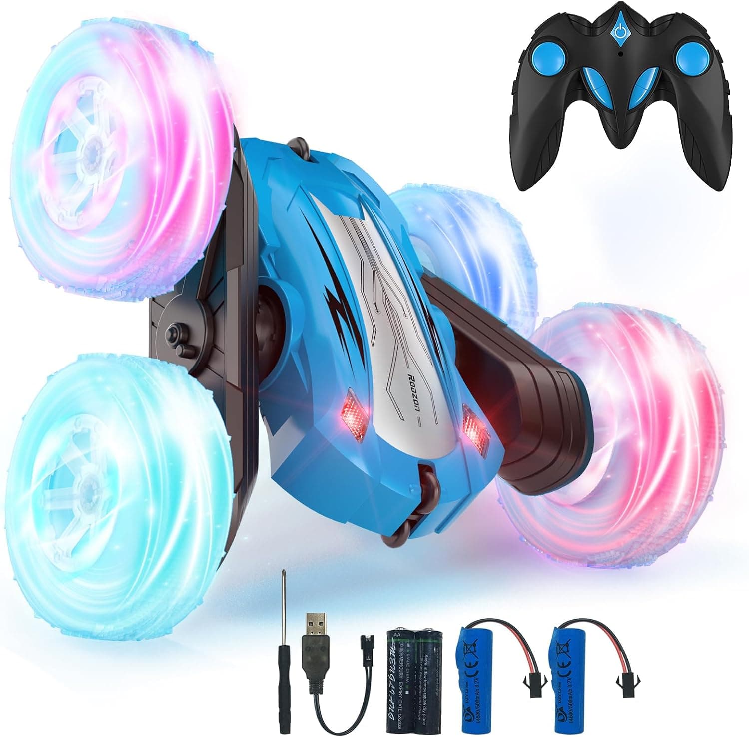 Rodzon Coche Teledirigido,Coche AcrobáTico Camiones 360 Grados De RotacióN,Juguete Niño Regalo 6 7 8 9 12 Años Niña 2.4Ghz Niños Coche Teledirigido con Luces Incluye Batería Recargable (Azul)