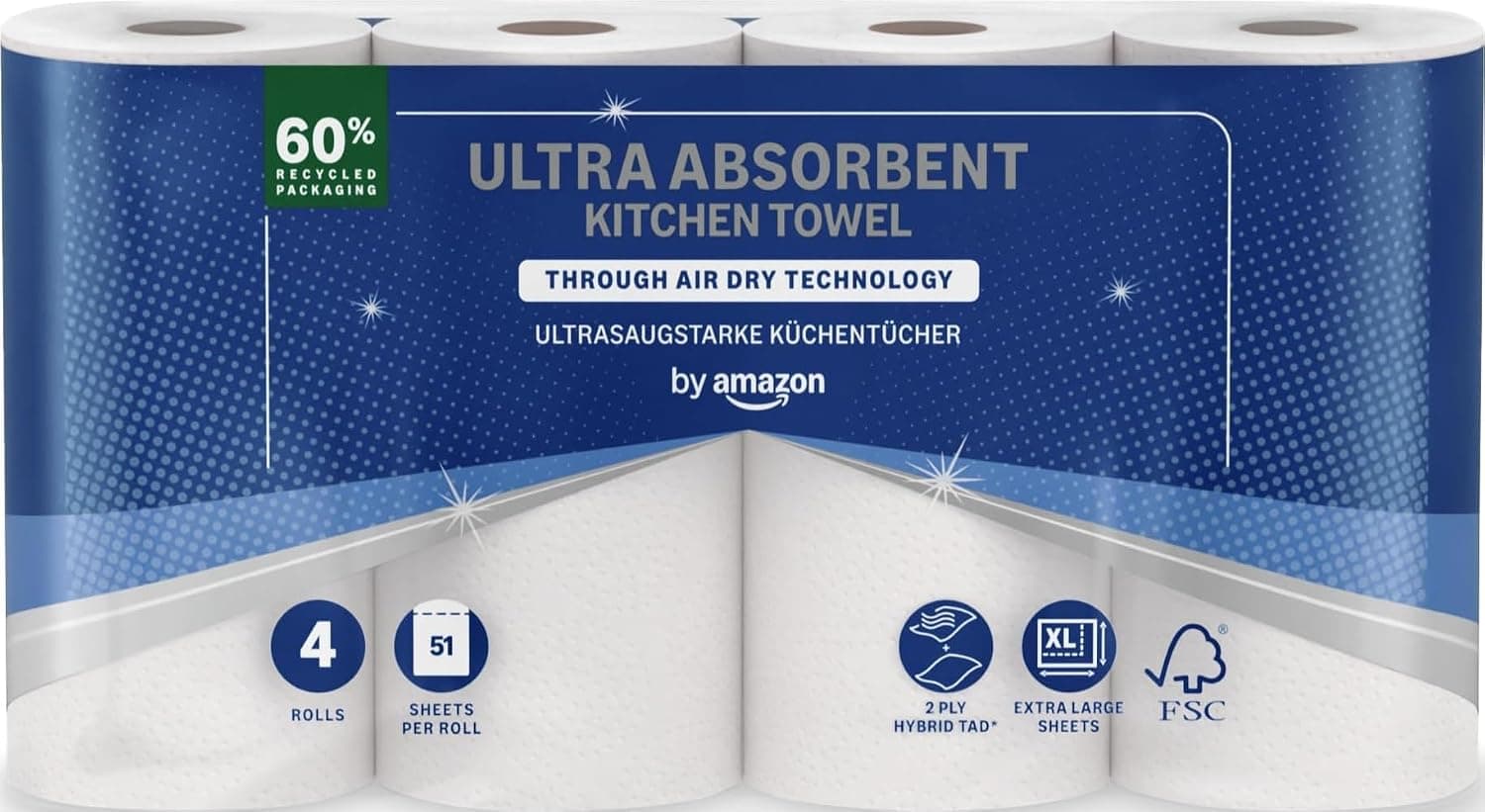 by Amazon Rollo de Cocina TAD Ultraabsorbente, 4 Rollos (Paquete de 1), 51 Hojas por Rollo