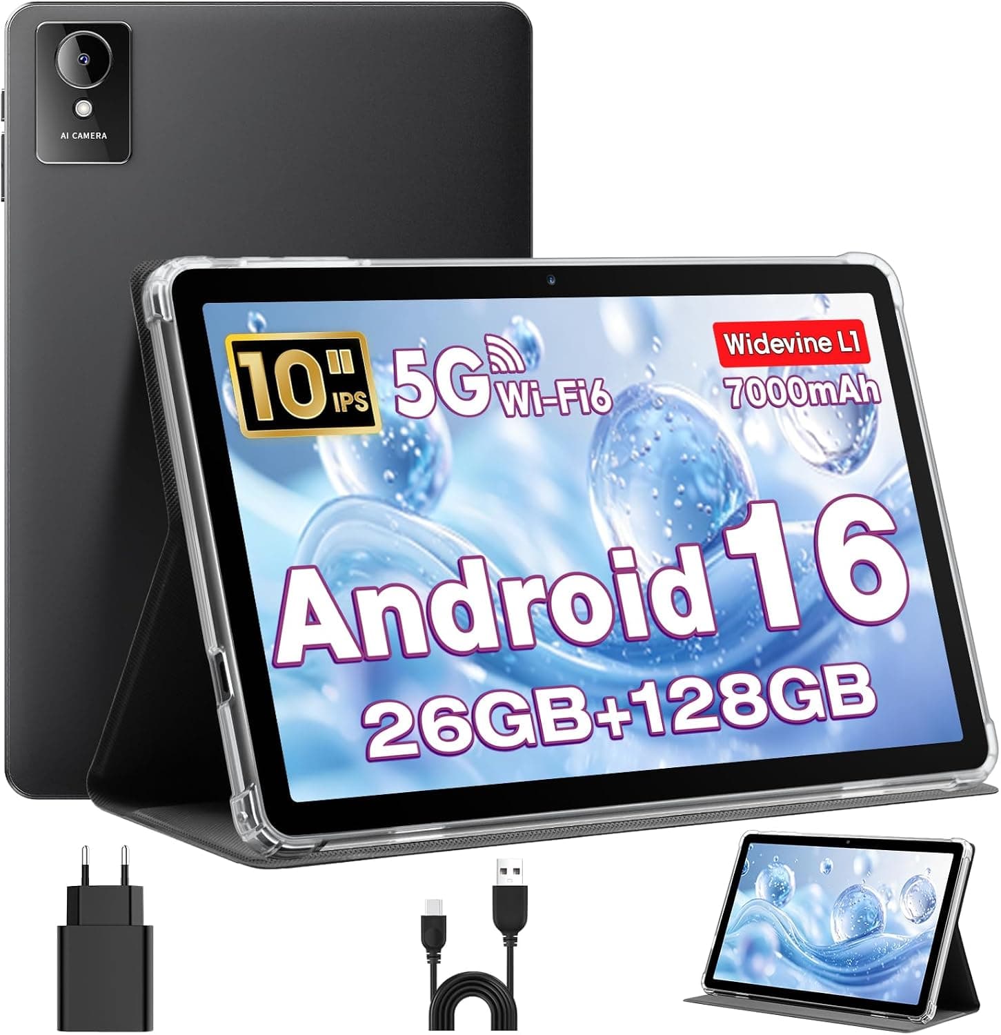 Tableta 10 Pulgadas, Tableta Android 16 en Funda, CPU Unisoc T606, 26 GB RAM + 128 GB ROM + 1 TB TF, Pantalla HD IPS 1280x800, Batería 7000 mAh, Cámara Dual, WiFi 6, BT 5.0, Widevine L1, GPS (K50)