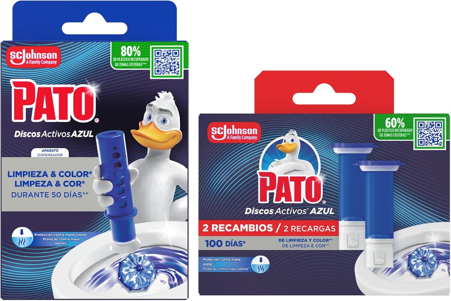 Pato discos Activos WC Agua Azul, Colorea el de Limpia, Refresca y Perfuma el Inodoro, Eficacia 360°, Pack Aparato + 3 Recambios = 18 discos