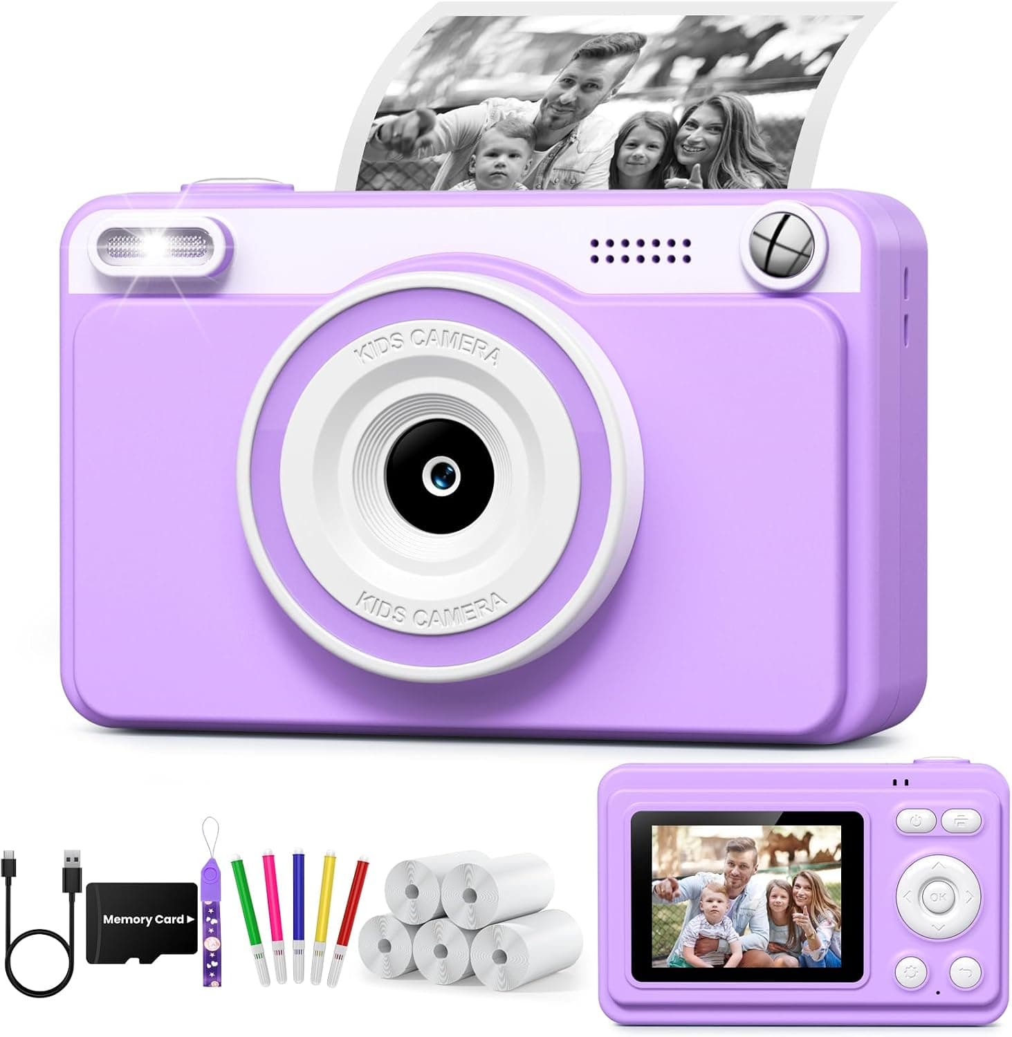 GREENKINDER Camara Fotos Infantil Instantanea,HD/1080P Cámara Instantánea para Niños con Tarjeta y 5 Rollos de Papel Térmico, Regalo de Cumpleaños y Navidad para Niños de 3 a 12