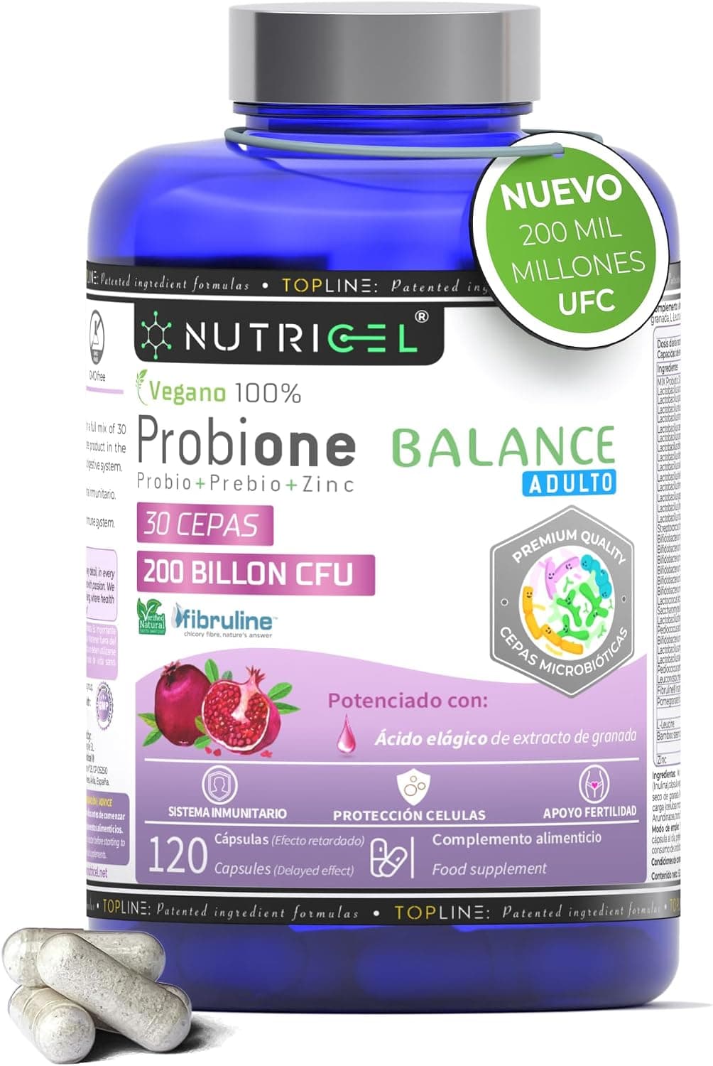 Probióticos y Prebióticos intestinales 200 mil Millones UFC y 30 Cepas bacterianas + Zinc, Inulina y Extracto de Granada. Salud Microbiota Intestinal.Máxima Concentración y 100% Vegano | 120 cápsulas