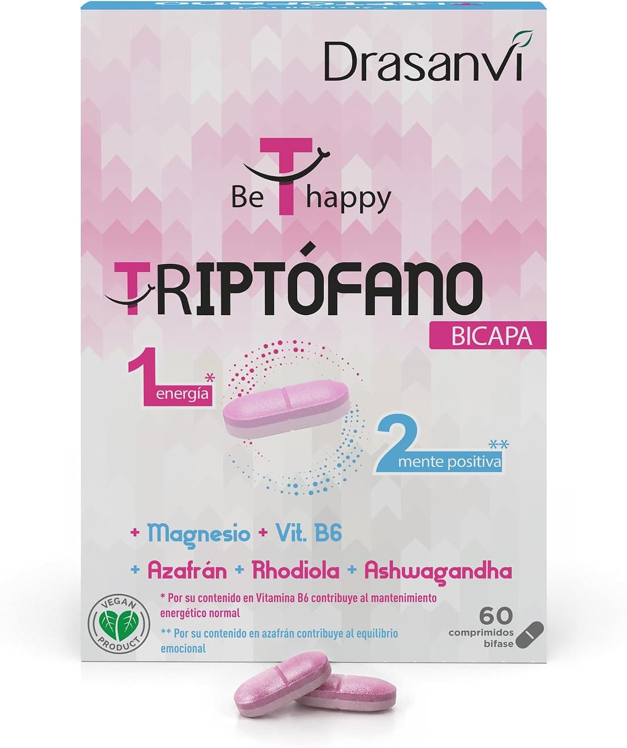 DRASANVI Triptófano Bicapa | para la Ansiedad, Cansancio e Insomnio | Capa lenta con Azafrán, Rhodiola y Ashawganda | capa rápida con Triptófano y Magnesio| 60 Comprimidos= 60 Días