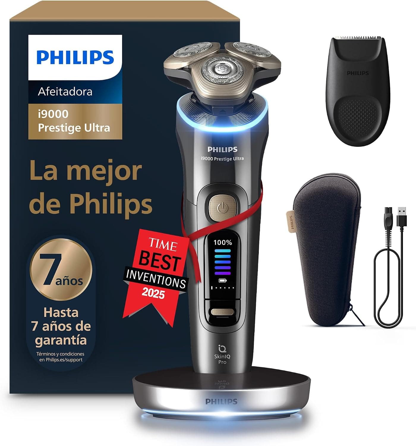 Philips i9000 Prestige Ultra, Afeitadora Eléctrica Hombre, Máquina de Afeitar Barba en Seco y Húmedo, Tecnología SkinIQ Pro, Base de Carga, Recargable, Estuche, XP9402/11