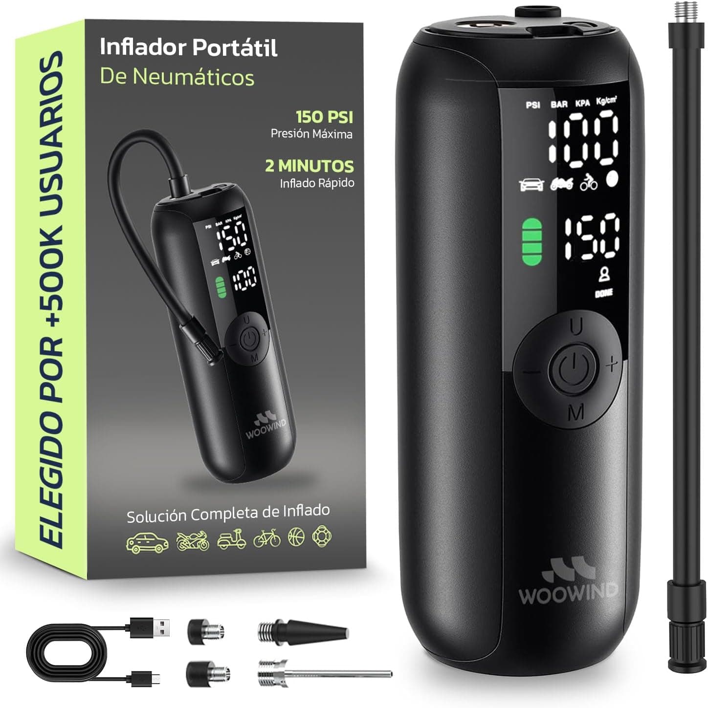 Woowind Inflador Ruedas Coche, Bici y Moto, Apagado Automático, 10,3 Bar