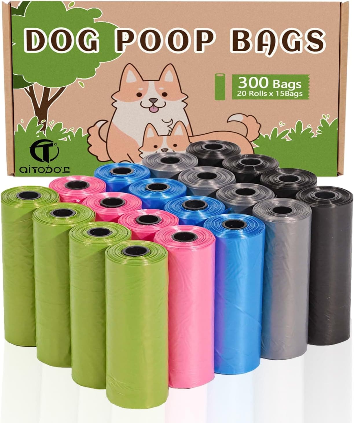 AiTodos® 300 Bolsas Caca Perro, 31×22 cm, PE, 5 Colores, 20 rollos × 15
