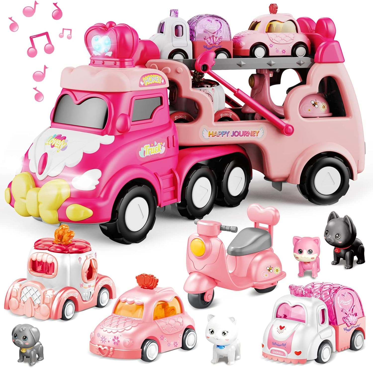 Camión de Juguetes, 9 en 1 Camion Transportador de Coches con Sonido y Luces, Regalo para Niño y Niña de 2 3 4 Años