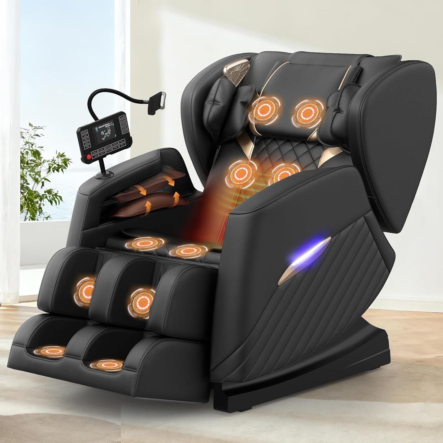 Sillón de Masaje, 16 Rodillos de Masaje, 8 airbags, Calefacción Lumbar, Masaje con Rodillos y airbags en Las pantorrillas, Altavoz Bluetooth, Mando a Distancia con Pantalla táctil