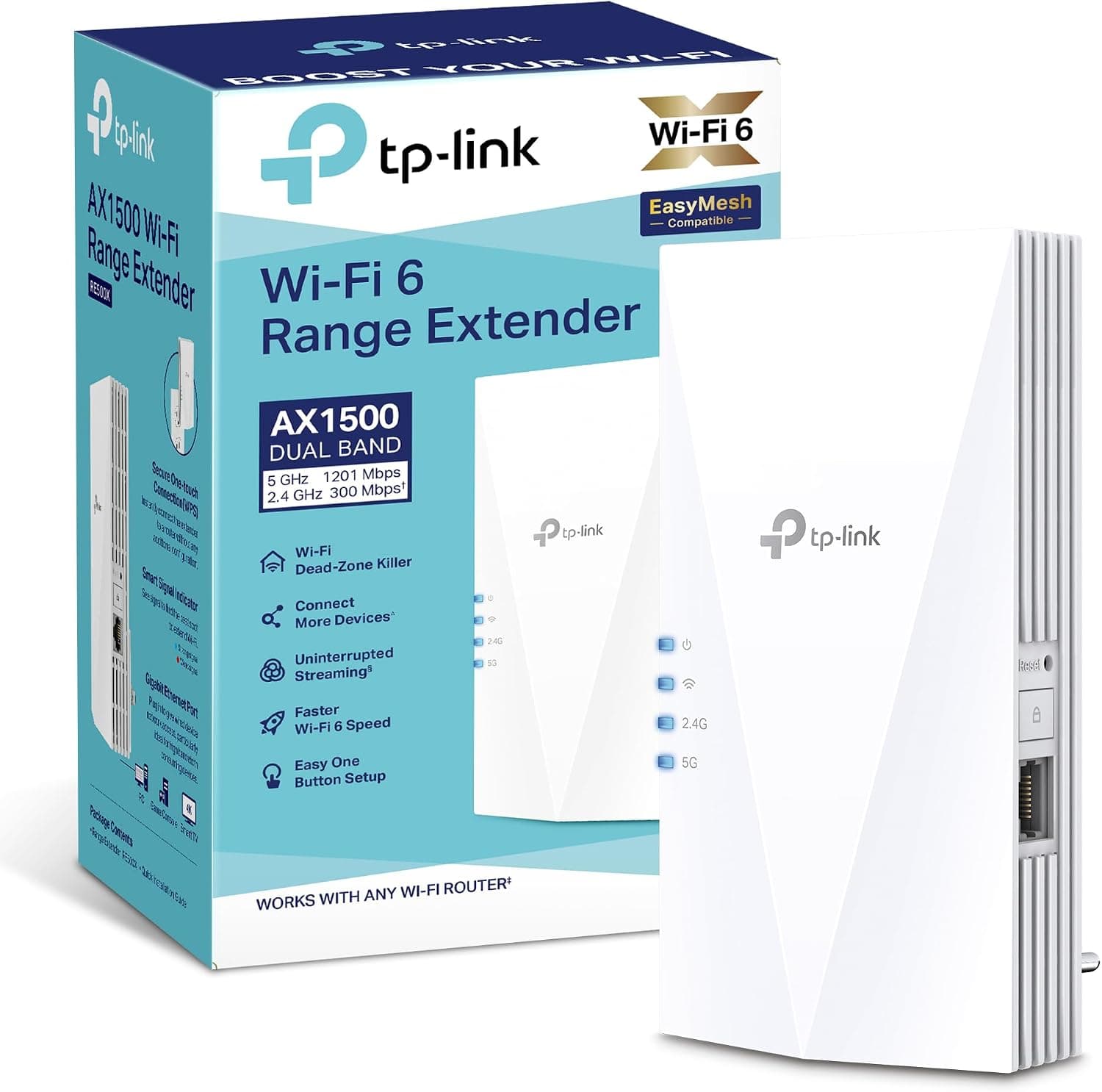 TP-Link RE500X Repetidor WiFi 6 AX1500 Doble Banda, 1 Puerto GE, EasyMesh