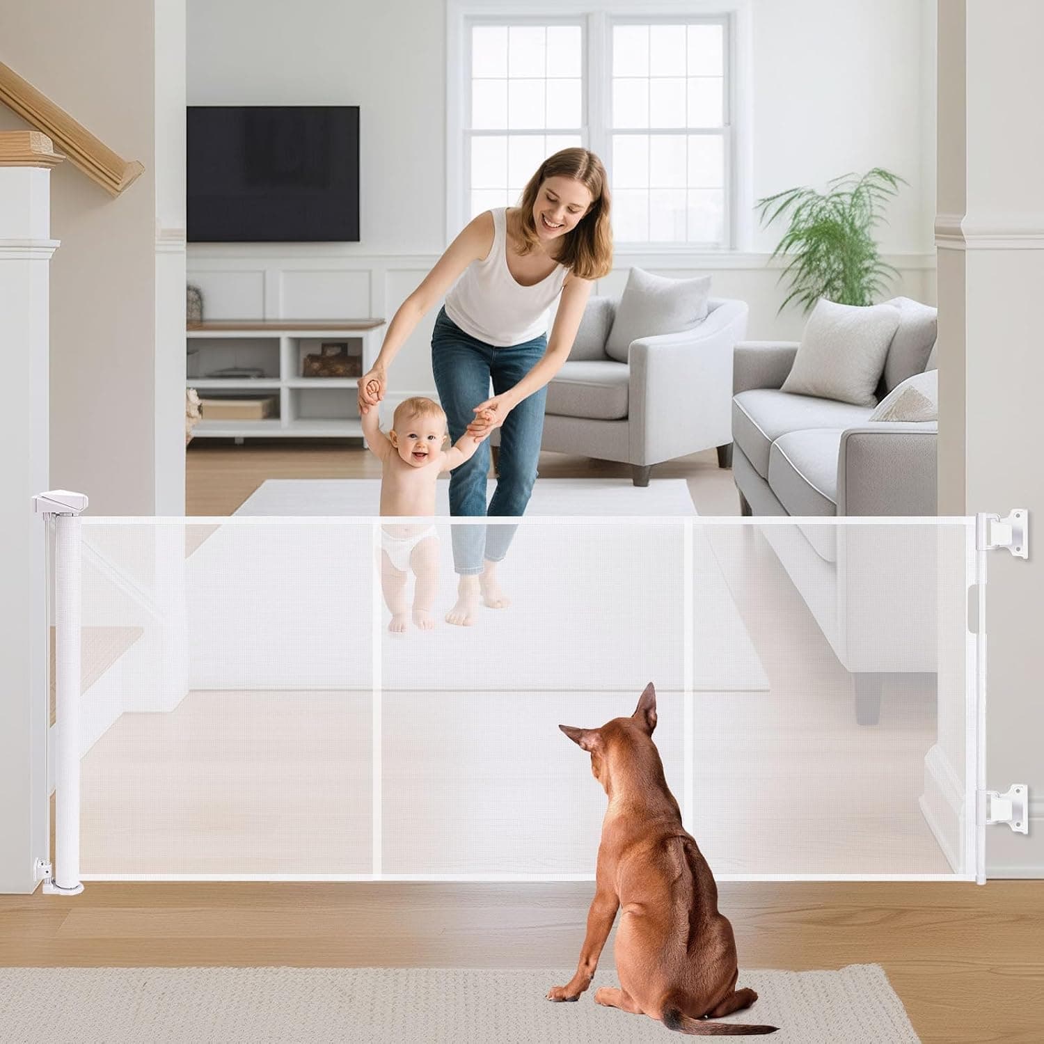 Barrera de Seguridad Retráctil para Niños y Perros, Puerta Seguridad Bebé Extensibles, Retráctil Vallas para Escaleras y Pasillos, Interiores y Exteriores