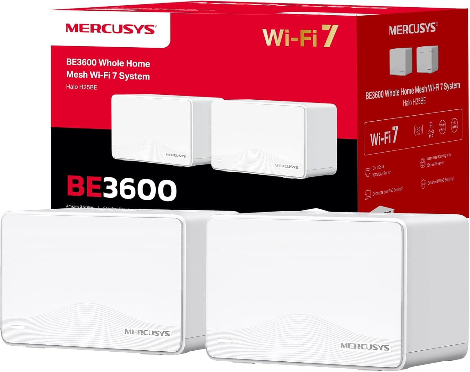 Mercusys Halo H25BE(2-Pack) - Sistema WiFi Mesh 7 BE3600 – WiFi Potente para casa Grande, Cobertura 460 m², 3 Puertos Gigabit, Velocidad 3.6 Gbps, Ideal para Streaming y Gaming