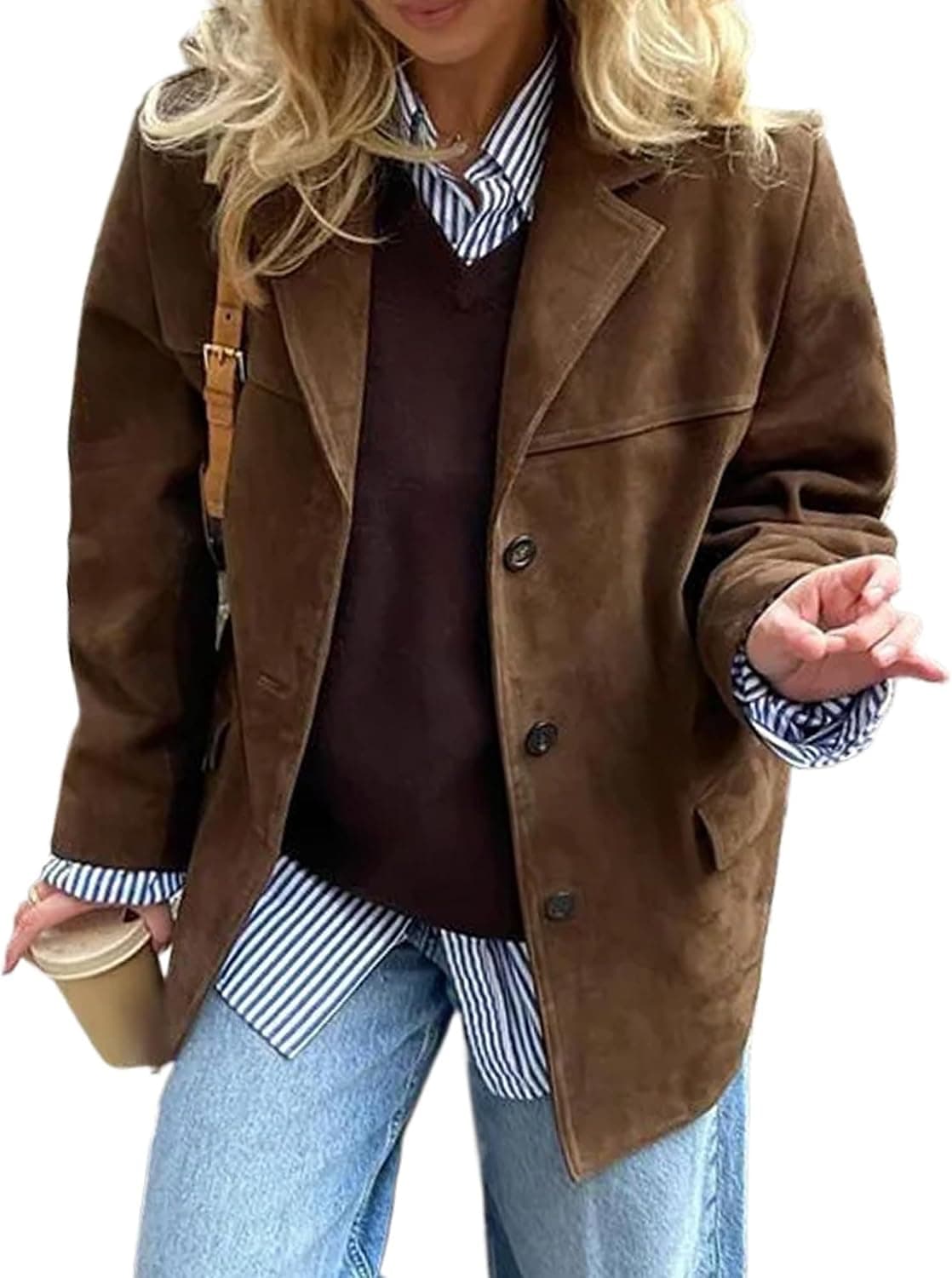 MANGMAO Chaqueta de gamuza Y2k para exteriores, chaqueta de piel sintética marrón, para mujer, moda de otoño 2024, blazers de gran tamaño
