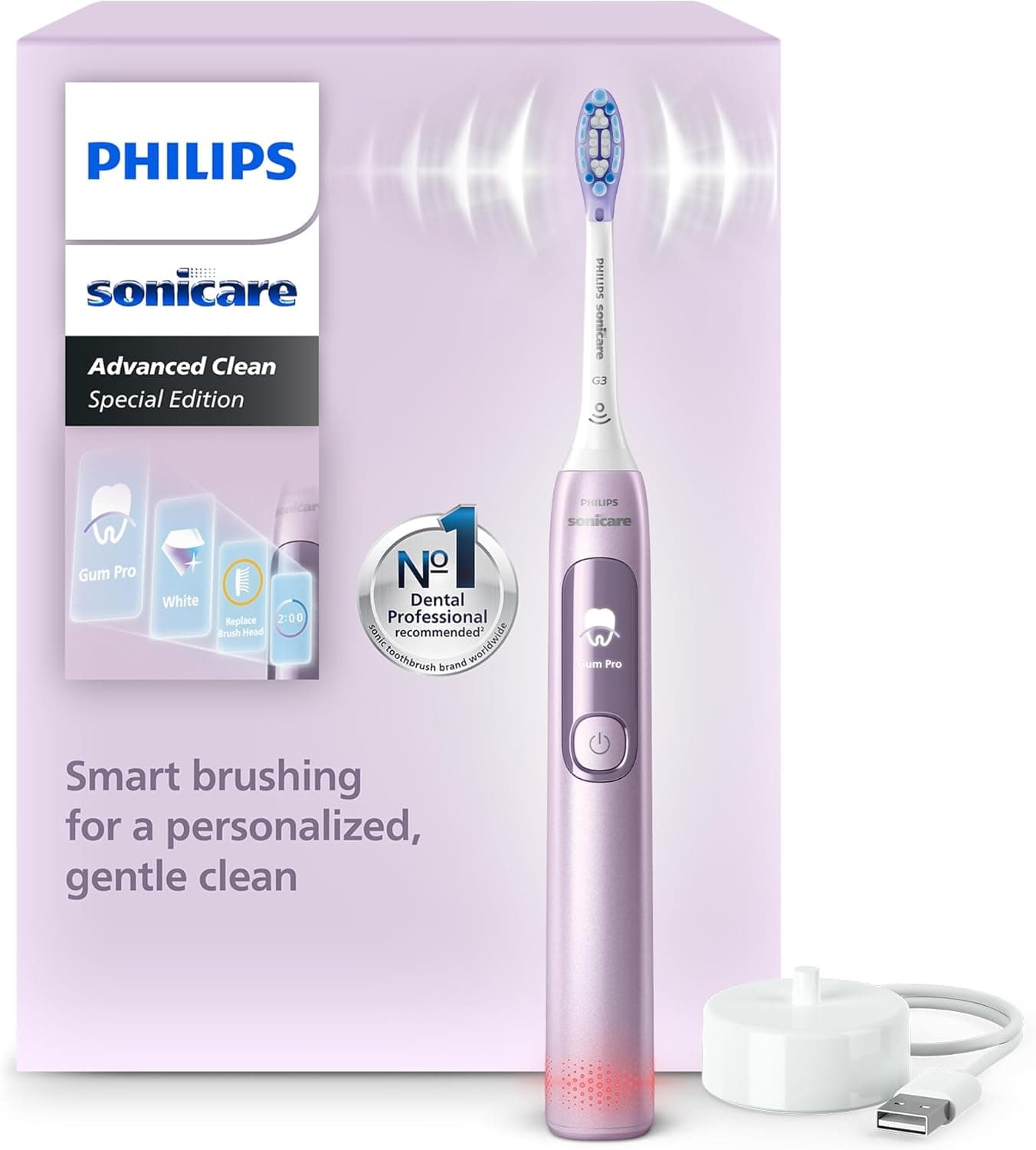 Philips Sonicare AdvancedClean Limited Edition, Cepillo de dientes eléctrico - Smart Screen, sensor de presión, recambio del cabezal de cepillado, 5 modos de cepillado y SmarTimer, rosa, HX3792/12