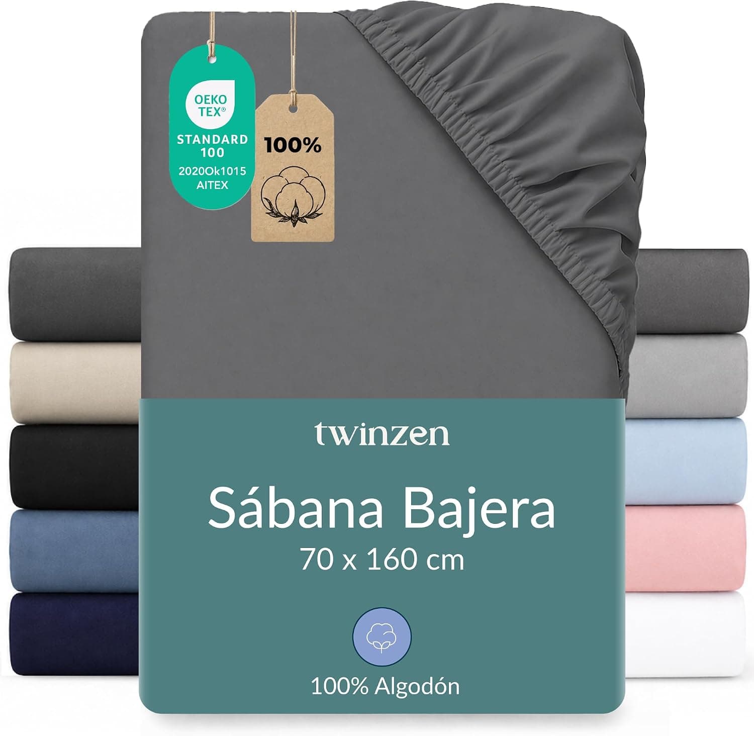 Twinzen Sábana Bajera Jersey Algodón 70x160 Antracita Altura 15 cm