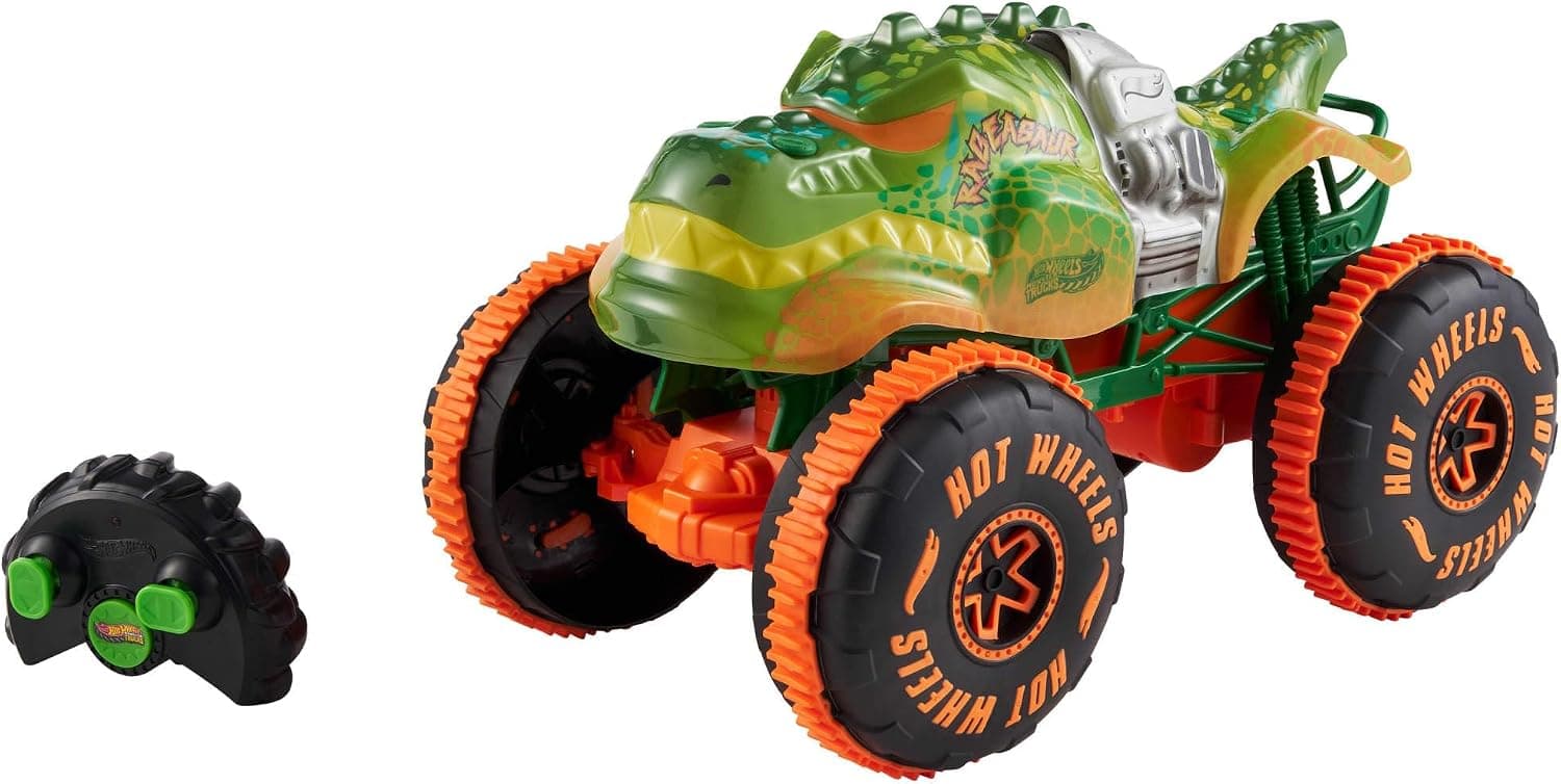 Hot Wheels Monster Trucks Rageasaur RC Vehículo todoterreno de juguete con control remoto, a escala 1:15, y neumáticos de agarre, para realizar acrobacias sobre ruedas, JBH03