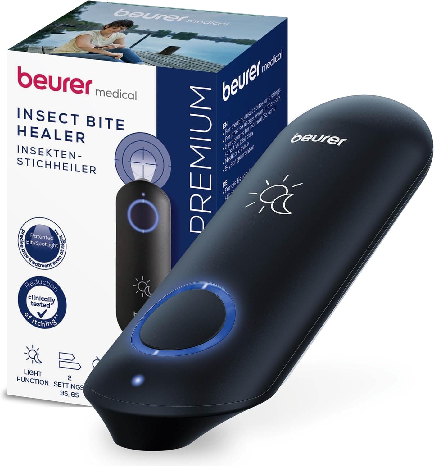 Beurer BiteX Day&Night BR 90 Aparato contra picaduras de insectos, dispositivo térmico electrónico para tratar picaduras y mordeduras de insectos, con luz para uso en la oscuridad, gadget de viaje.