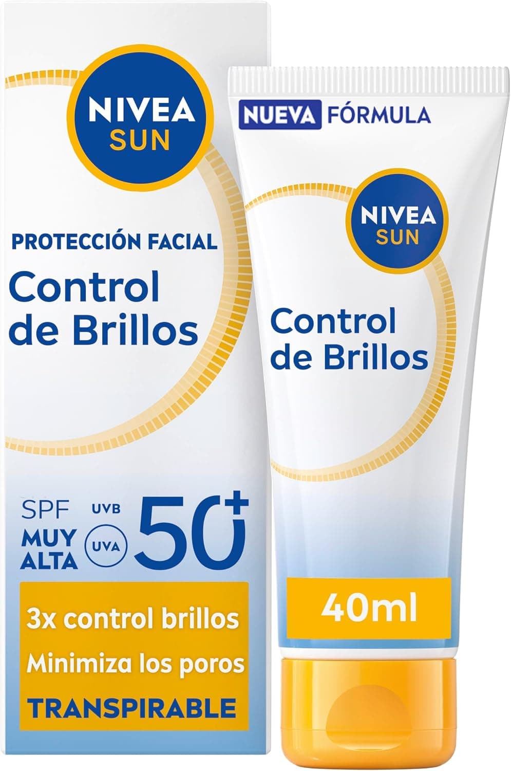 NIVEA SUN Control de Brillos Protección Facial FP50+ Transpirable - Matificante 12 h - Carnitina, Tapioca, Almidón de Arroz, Licocalcón A - Textura Ligera y 0% Sensación Grasa - Piel grasa - 40 ml