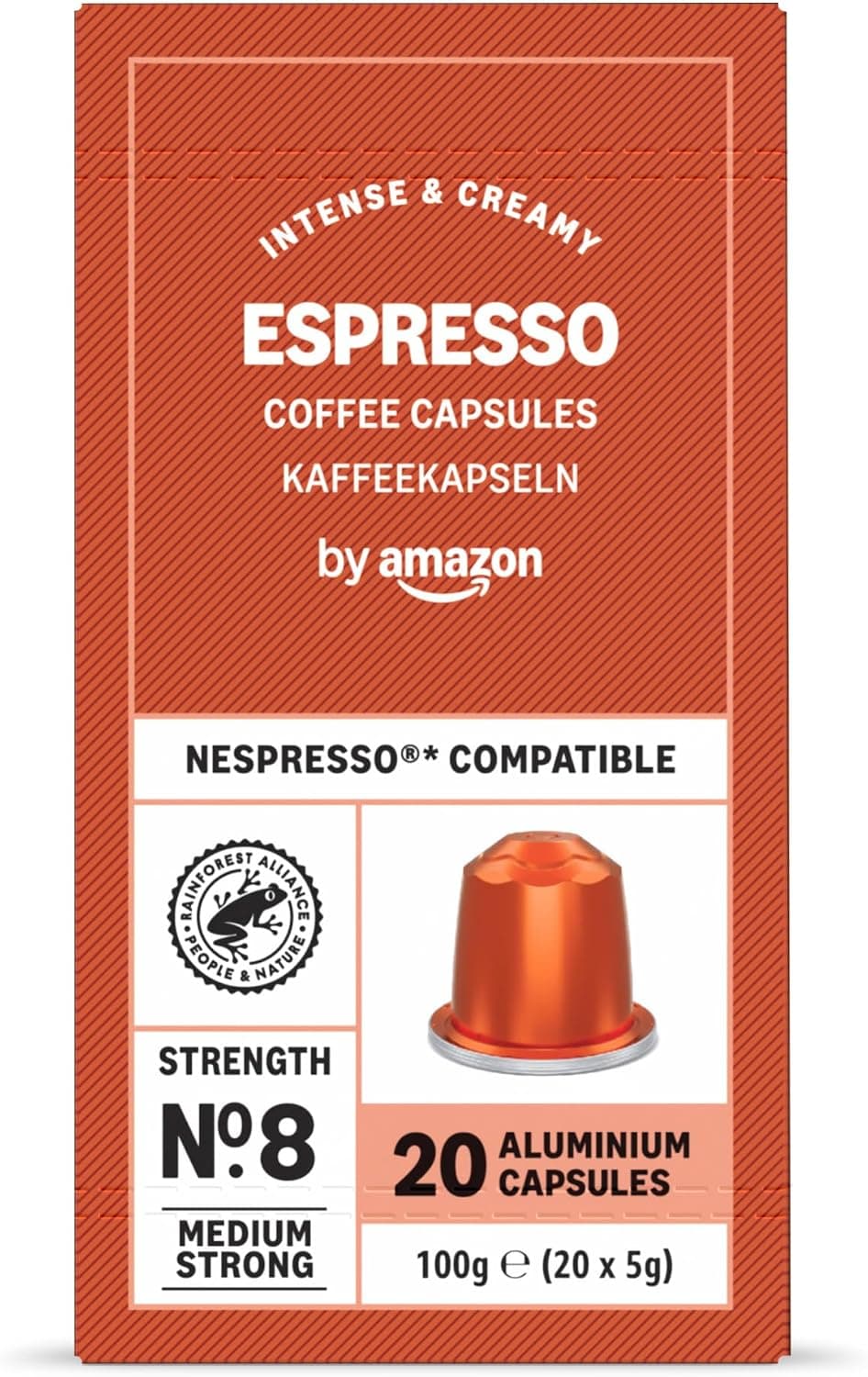 by Amazon Cápsulas de Aluminio de Café Espresso Compatibles con Nespresso, Tostado Claro, 20 Unidades, Certificadas por Rainforest Alliance