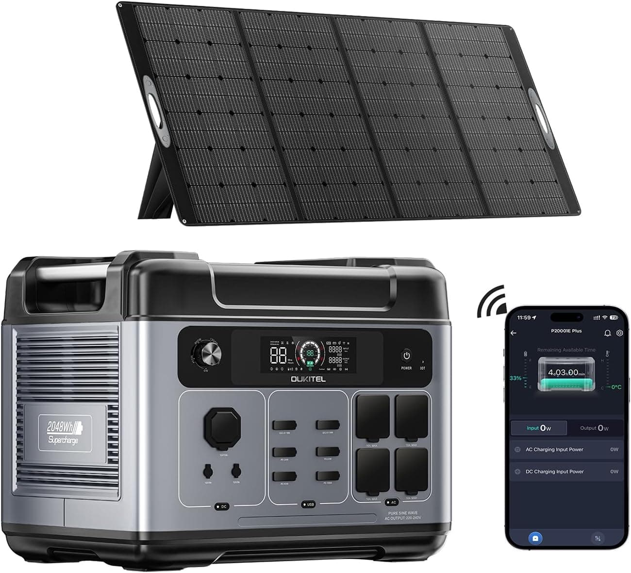 OUKITEL P2001 Plus Estación de Eléctrica Portátil 2048Wh con Panel 400W, Generador Solar de Batería LiFePO4, 4 salidas AC 2400W (4800W Pic), con Funda Protectora, Carga Rápida de 1H, Viajes y Camping