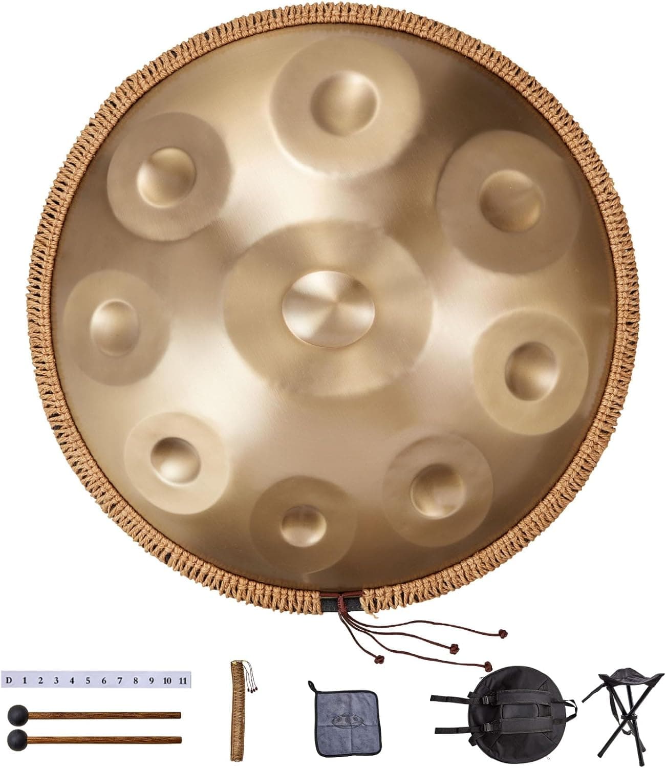 VEVOR Tambor de Mano 55 cm 9 Notas 432 Hz, Tambor Handpan en D Menor con Mazos, Instrumento de Percusión con Bolsa de Transporte para Yoga, Meditación, Educación Musical de Principiantes, Dorado