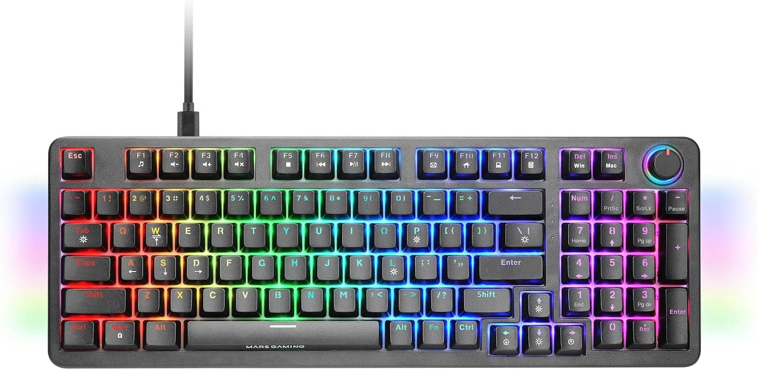 Mars Gaming MKPRO, US, Teclado Mecánico Gaming Completo, RGB Chroma, Switches Hot-Swap Mecánicos, Antighosting, Rueda de Control, Software, Multiplataforma, Switch Silent, Negro