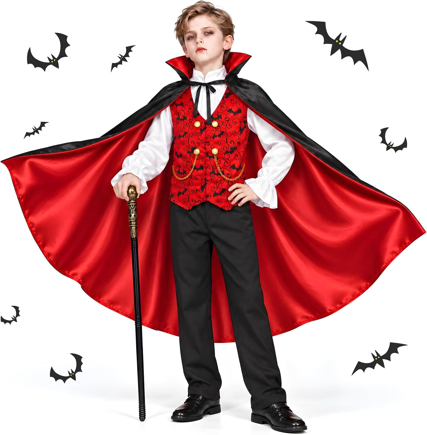 Disfraz Vampiro Niño, Disfraz Halloween Niño con Capa Roja, Camisa Gótica, Pantalón y Bastón – Conjunto de Disfraces de Vampiro Niños 3-12 Años para Celebración de Disfraces y Carnaval
