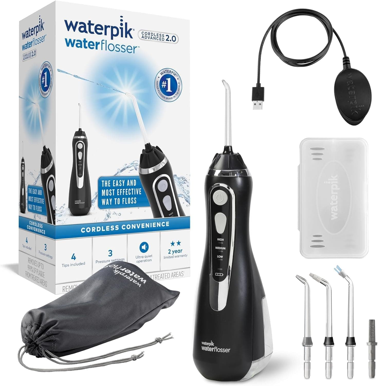 Waterpik Cordless Advanced, Irrigador Dental Eléctrico Portátil, Negro