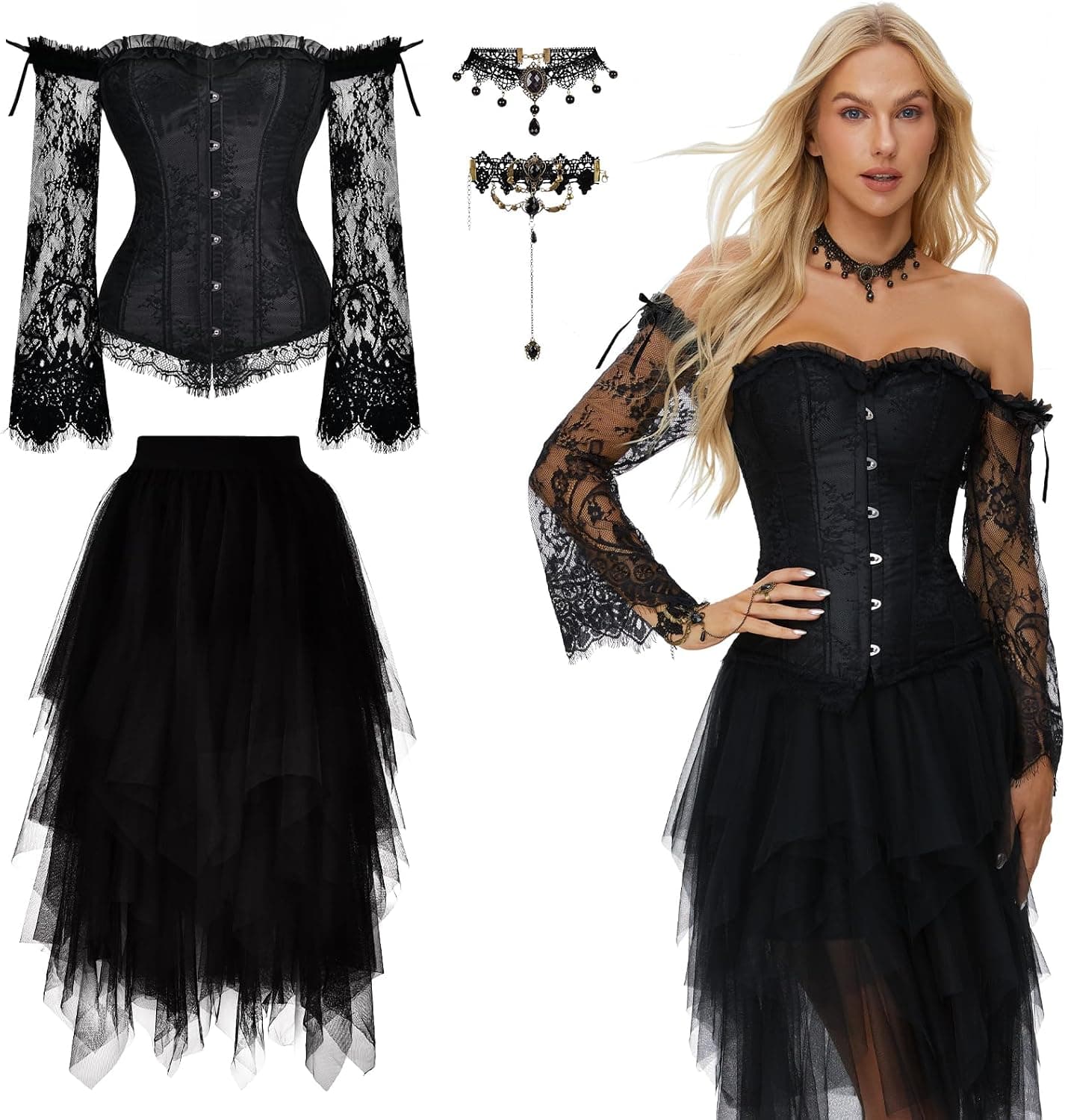 Joellfuner Juego de corsé para mujer, corpiño negro con falda de tul de 76 cm, corsé gótico vintage, disfraz de pirata con mangas de hombro, accesorios para mujer, carnaval, cosplay