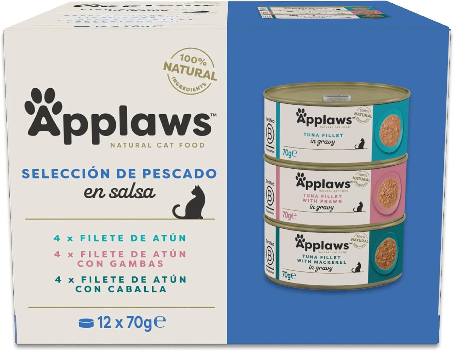 Applaws 100 % Natural Comida húmeda para Gatos Adultos, selección de Pescado en Salsa Multipack, 12 × 70 g latas