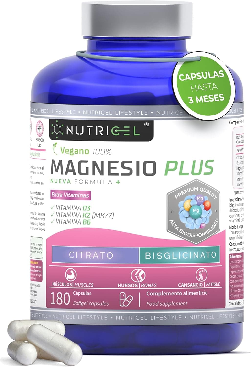 Citrato de Magnesio 1577mg + Magnesio Bisglicinato 600mg - Reduce Cansancio y Fatiga - Magnesium Complex Alta Biodisponibilidad - 180 Cápsulas Veganas | Nutricel