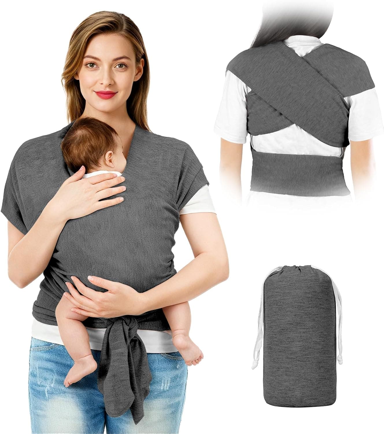 AOOWU Portabebés Portátil, Portabebés Ergonómico Ajustable para Bebés, Fácil de Limpiar Portabebes Multifuncional Respirable Porta Bebes de Manos Libres Elástico para Hasta 15kg (Gris Oscuro)