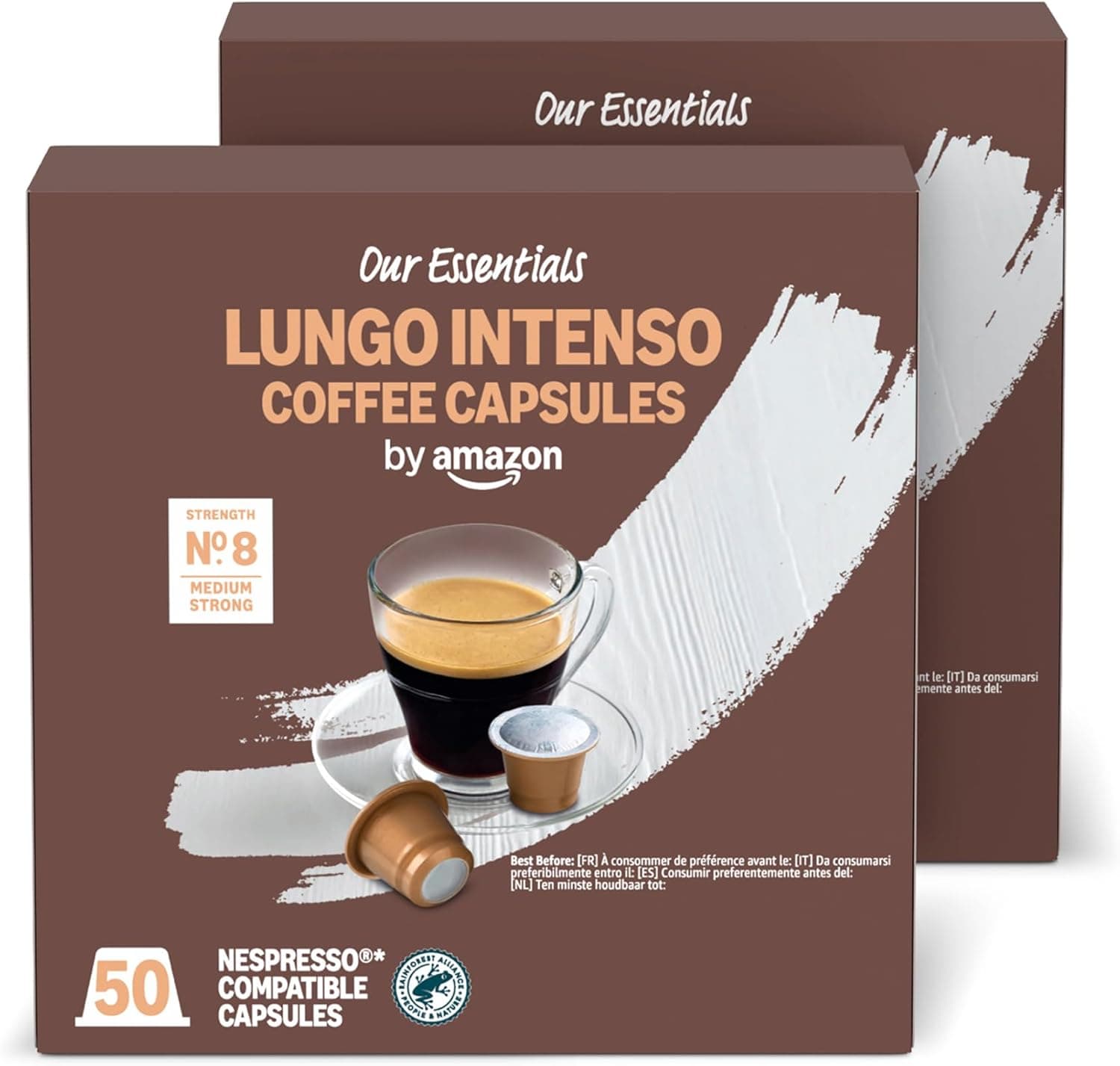 by Amazon Cápsulas de Café Lungo Intenso de Plástico Compatibles con Nespresso, Tostado Medio, 100 Unidades (2 Paquetes de 50), Certificadas por Rainforest Alliance