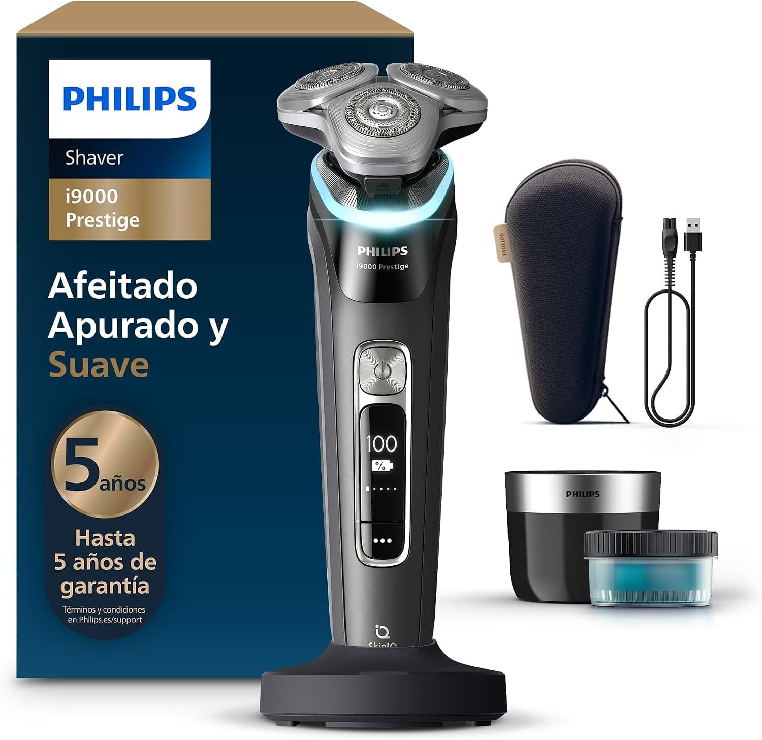 Philips i9000 Prestige, Afeitadora Eléctrica Hombre, Máquina de Afeitar Barba en Seco y Húmedo, Tecnología SkinIQ, Base de Carga, Recargable, Estuche de Viaje, Centro de limpieza, XP9207/30