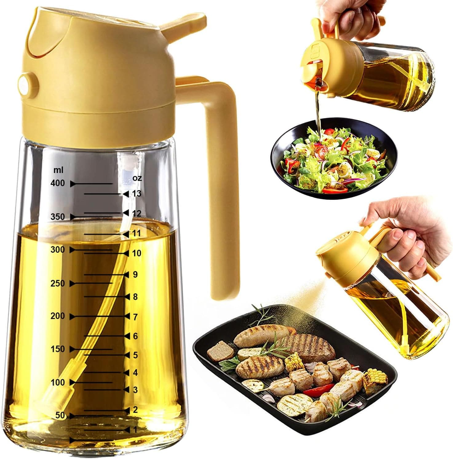 TrendPlain Pulverizador Aceite Spray 470ml - 2 en 1 Spray Aceite Cocina, Dispensadora para Freidora de Aire, Ensaladas, Vinagre y Accesorios Cocina (1 unidad, Amarillo)