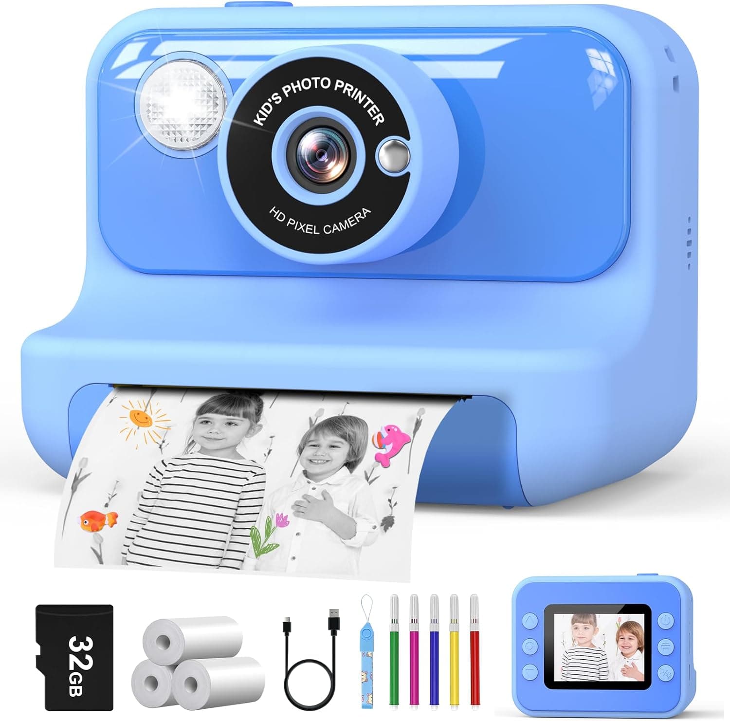 Hangrui Camara Fotos Infantil Instantanea, 2,4 Pulgadas Camara Fotos Infantil con Tarjeta de 32G, 1080P Cámara Instantánea para Niños con Papel de Impresión y Bolígrafos de Colores, Regalos Juguete