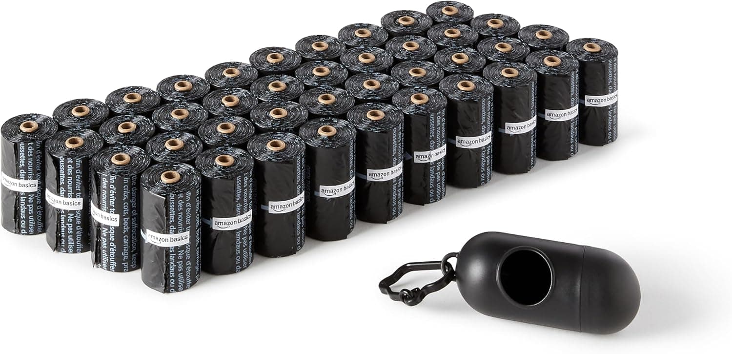 Amazon Basics Bolsas de basura para perros con dispensador y clip para correa, sin perfume, 600 bolsas (40 paquetes de 15 bolsas)