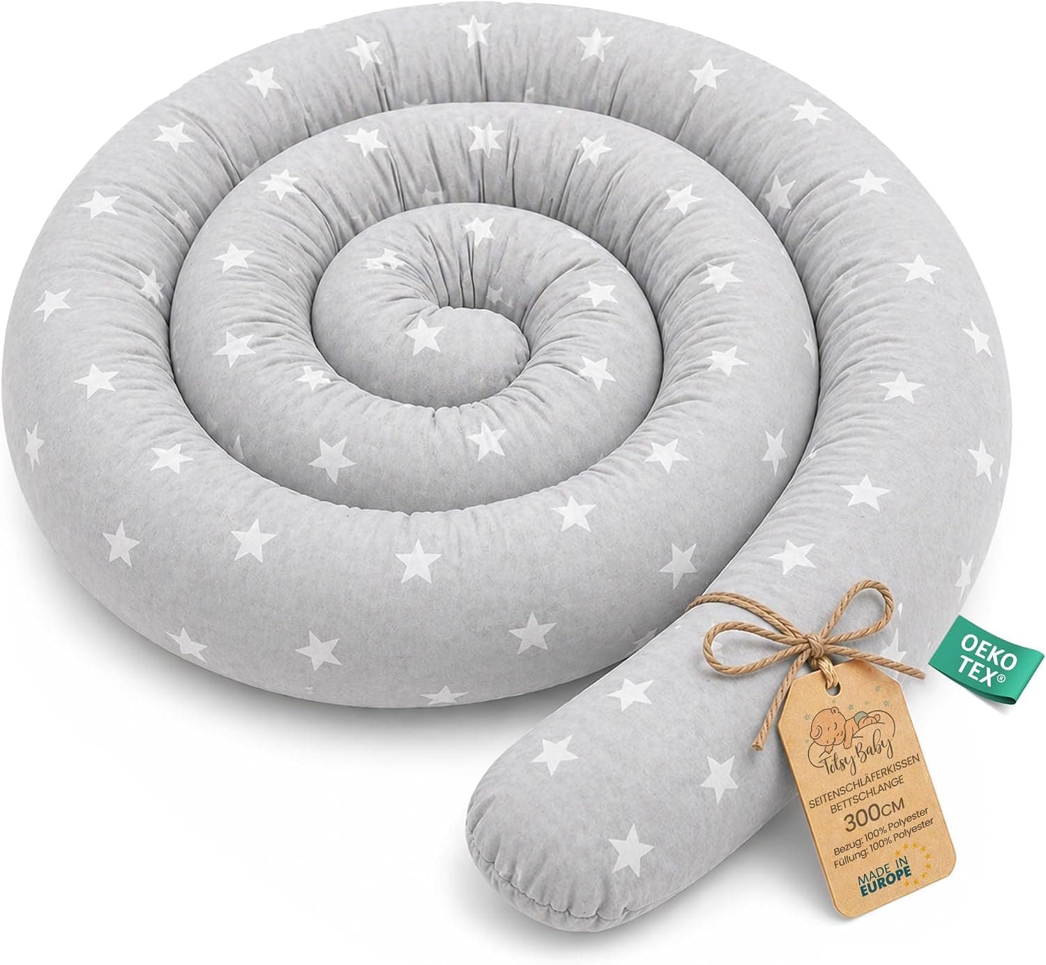 Cojín serpiente XXL Almohada de cama Cojín de lactancia Rollo de cama Protector de borde de cama Cojín decorativo Alrededor de cama Serpiente XL Hecho a mano Estrellas blancas sobre gris 300 cm