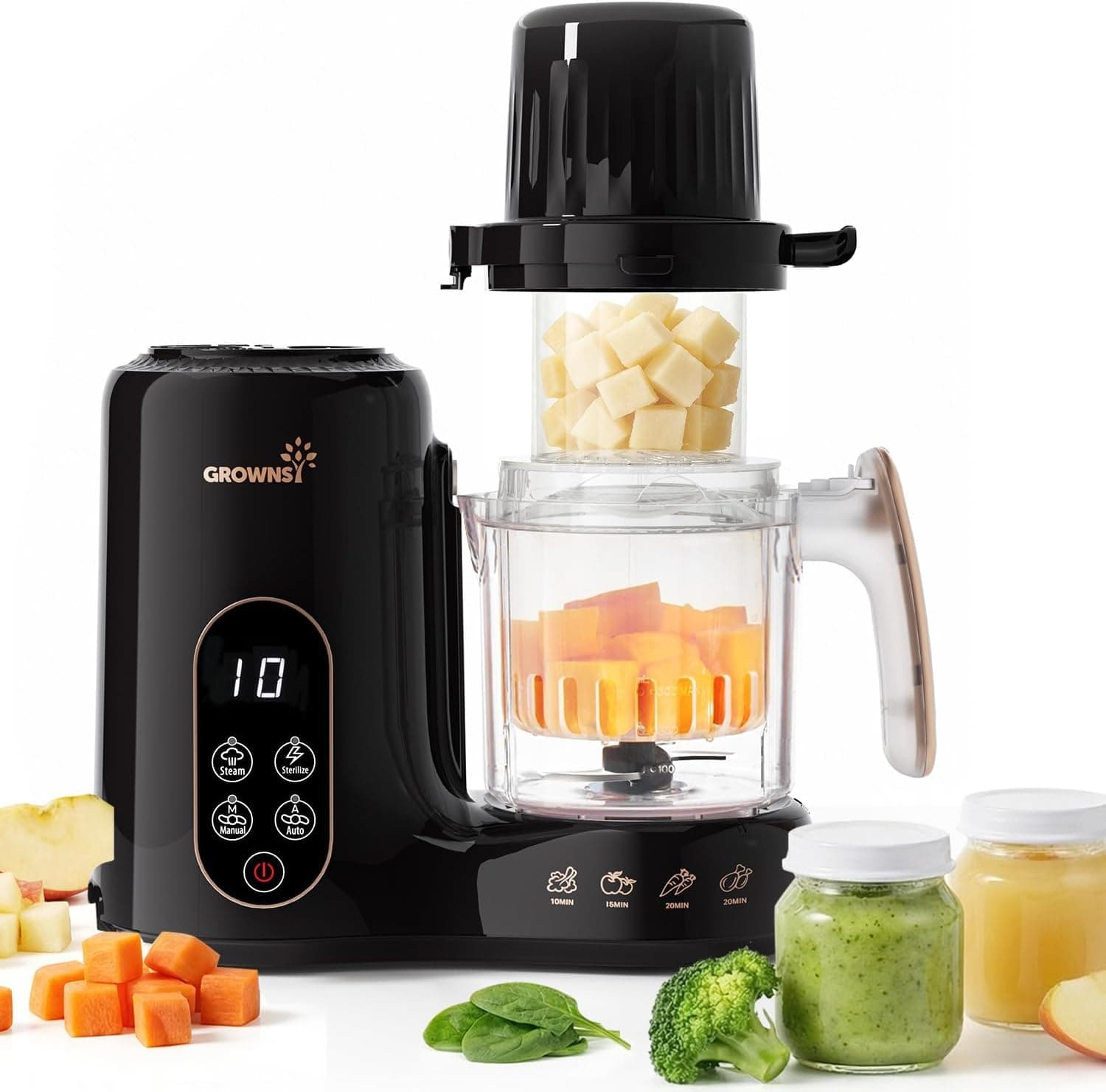 Grownsy Robot de Cocina para Bebé 6 en 1 con Doble Cesta Vapor