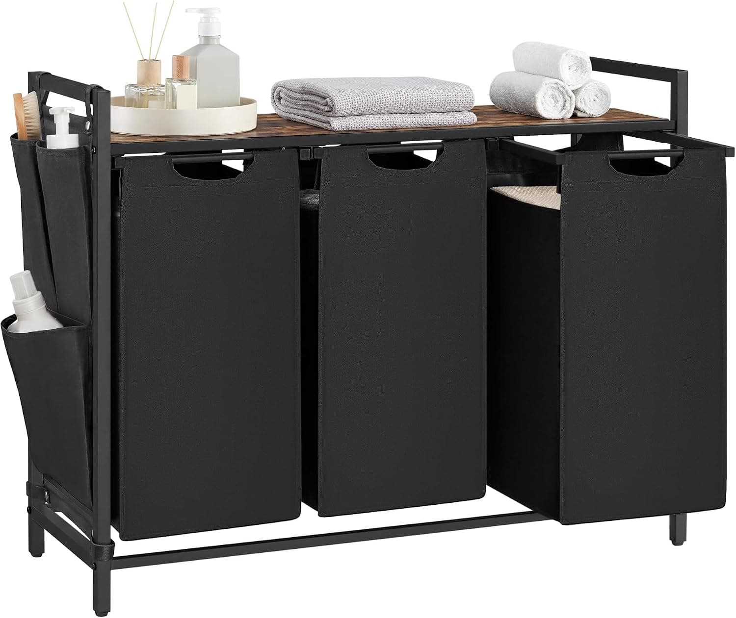 VASAGLE Cesto Ropa Sucia, 3 Compartimentos con Estante, 120 L