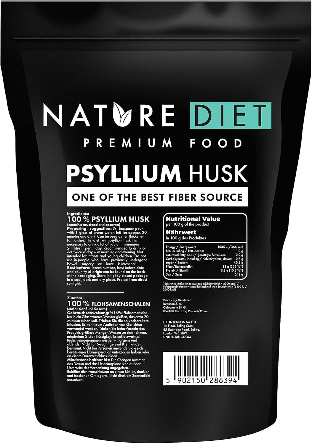 Nature Diet Cáscara de Psyllium, 1000 g, Alto en Fibra, Psyllium Husk