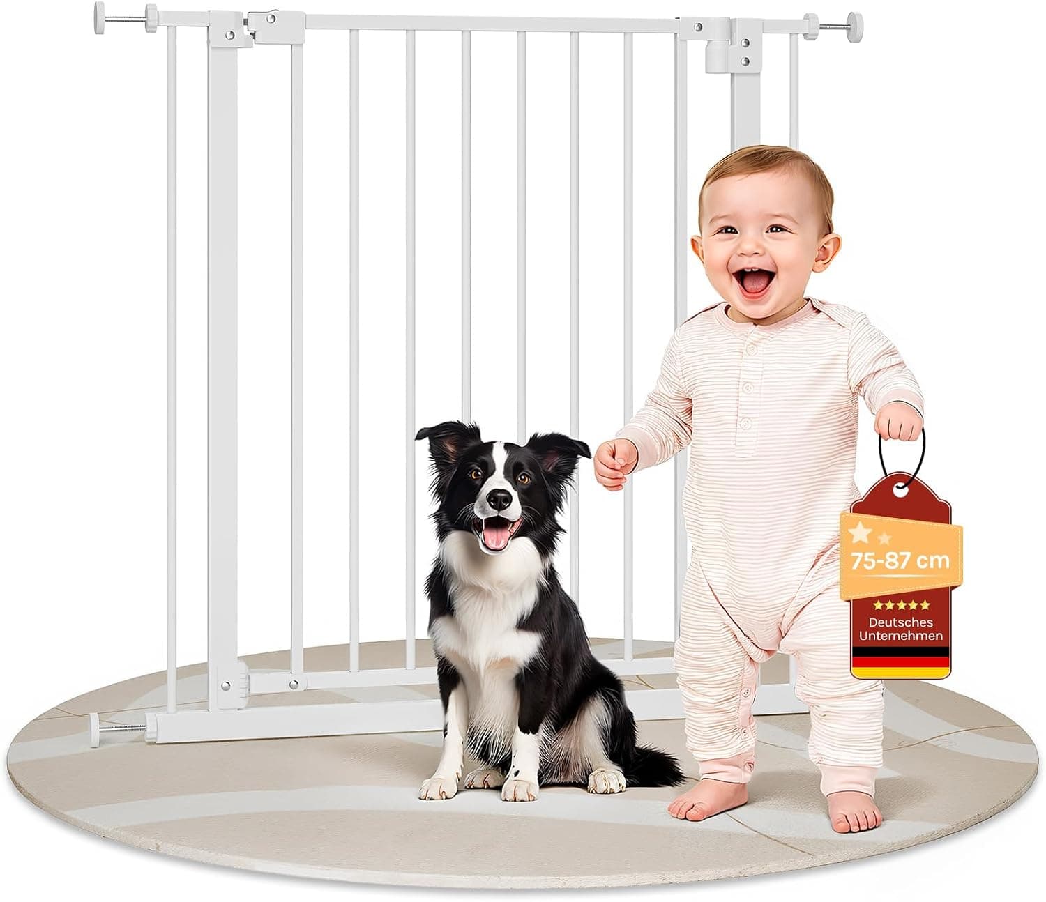 WOLTU Barrera Seguridad Infantil, Apertura de 75-87 cm, Barrera para Niños y Bebé, Barandilla Escalera Seguridad, Valla Metálica para Perros, Doble Bloqueo, Blanco