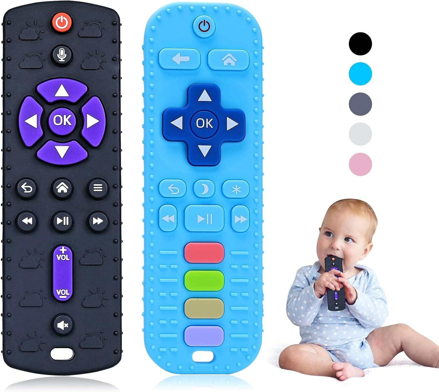 2 Piezas Mordedor Bebe, Juguetes Bebes 6-12 Meses, Mando Juguete Bebe de Silicona con Clip de Chupete y Botones Pulsables, Suave Juguetes Montessori Bebe 6-12 Meses, Negro y Azul