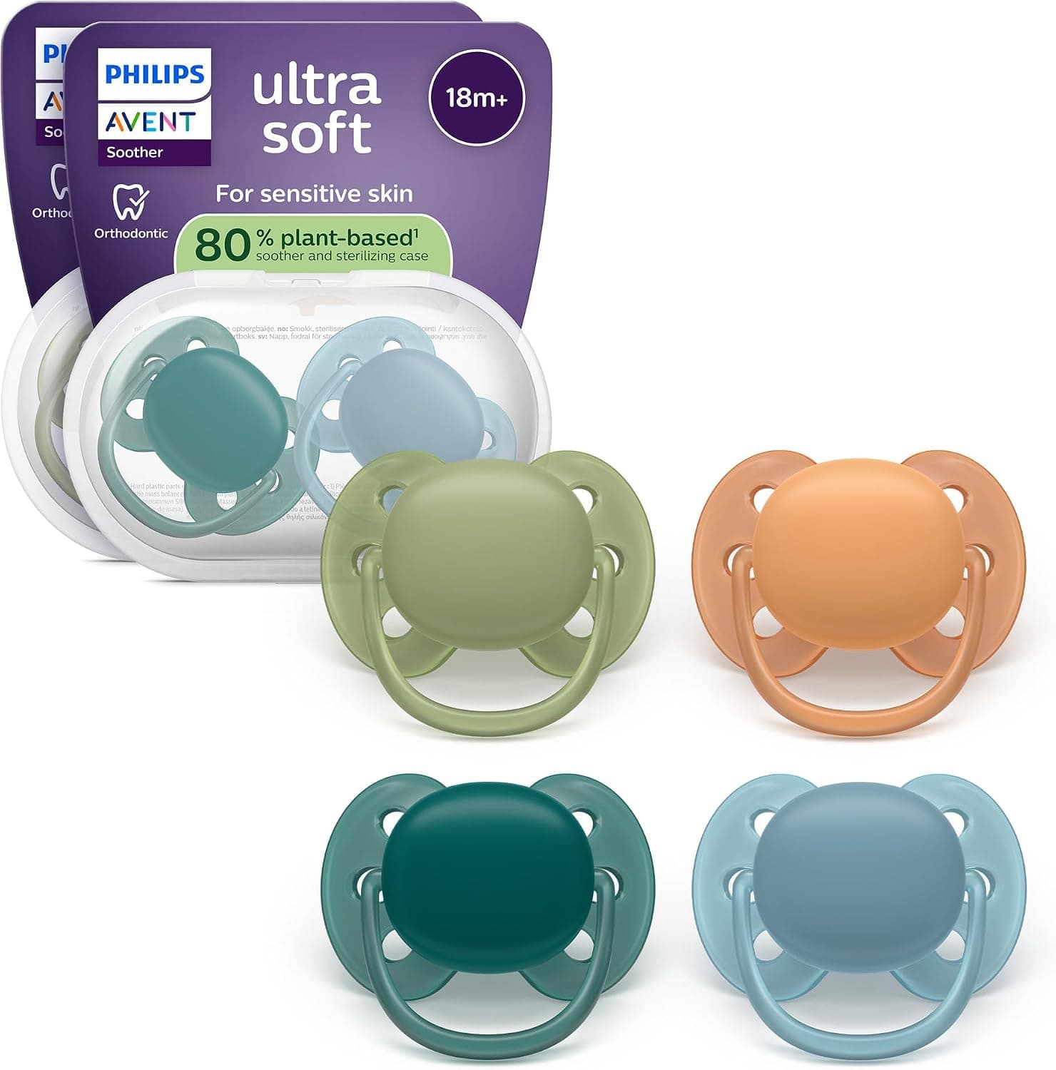 Philips Avent chupetes ultra soft: diseño anatómico, para bebés a partir de 18 meses, escudo flexible, tetina simétrica extrafirme de silicona, sin BPA, con 2 fundas, paquete de 4, SCF093/08