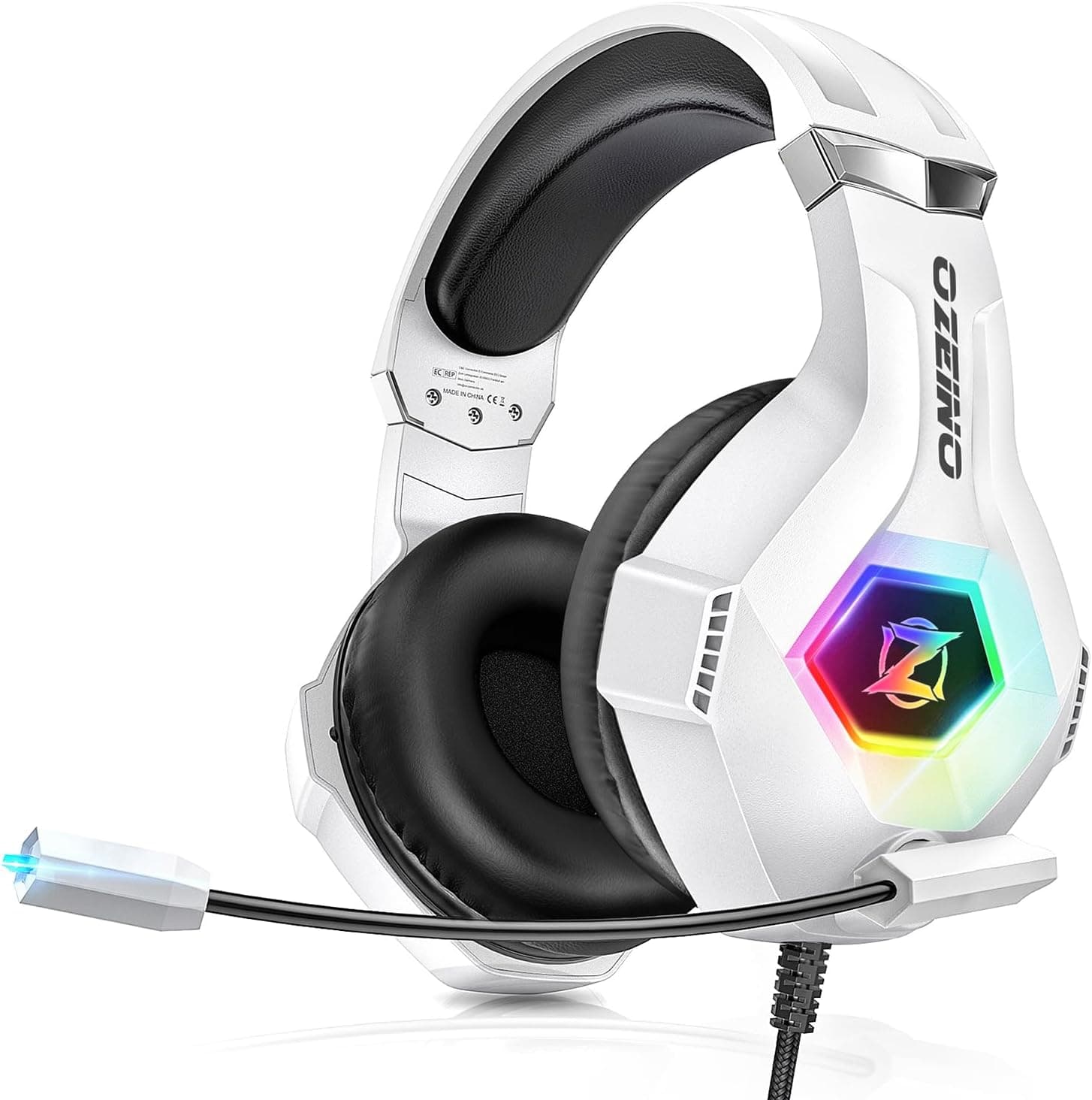 Cascos Gaming con Micrófono Suave, Luz RGB, Sonido Envolvente Claro, Orejeras Ligero Cómodo Ajustable, Auriculares Gaming Blanco para Ps5 Ps4, PC Cascos Gaming para Xbox one/X/S Switch Tableta Laptop