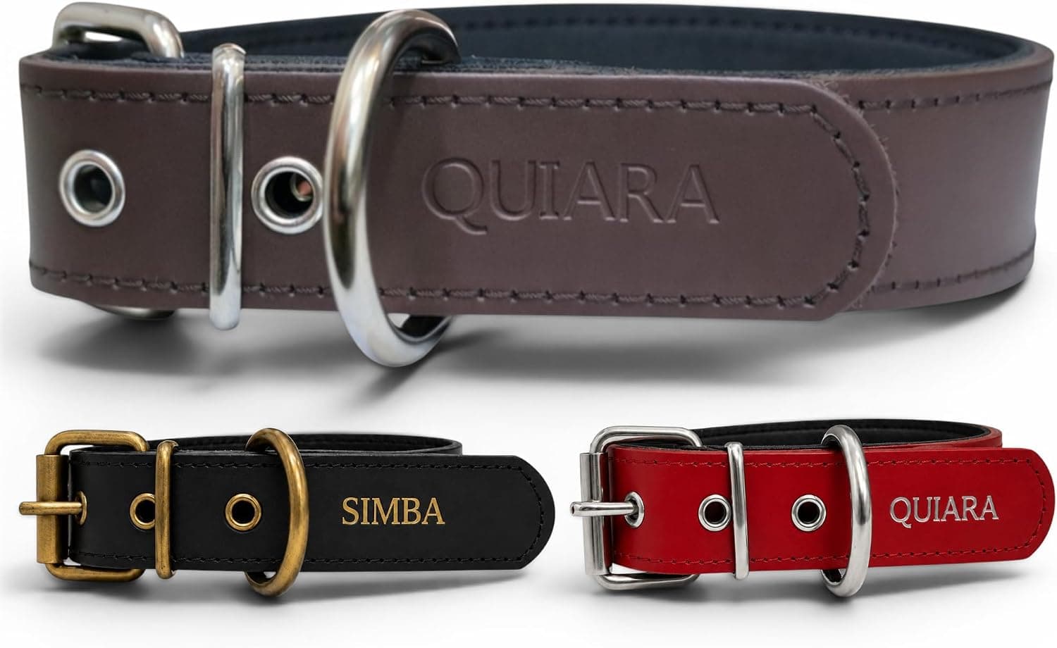 Collar para Perro de Cuero con Acolchado - Personalizable con Nombre Grabado - Hecho a Mano, Resistente y Elegante - Llavero Personalizado de Regalo (Marrón, M/L: Rango de Cuello 37–47 cm)