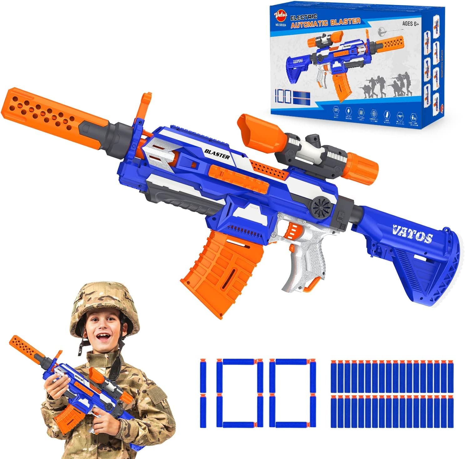VATOS Pistola de Espuma Eléctrica con 100 Dardos, Fusil Automático Sniper 7 Estilos + Mira, Alcance 9-15m para Juegos de Disparo (Niños 6-12 Años y Adultos)